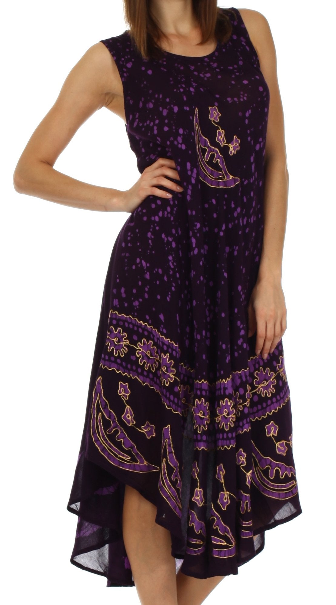 Purple dress with floral patterns on a white background