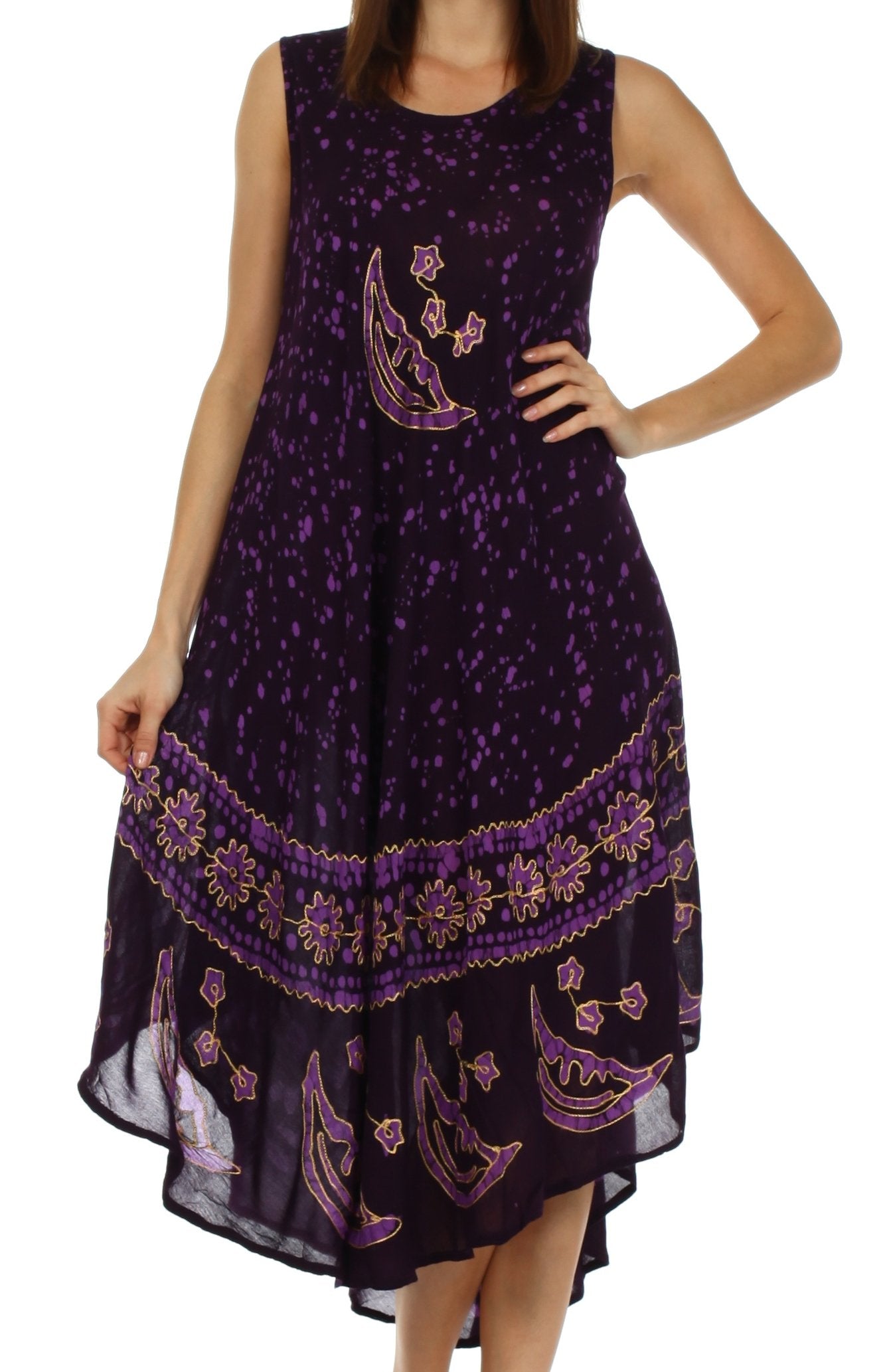 Purple dress with floral patterns on a white background