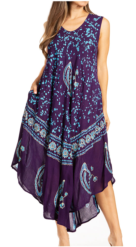 Purple sleeveless dress with blue pattern on a white background