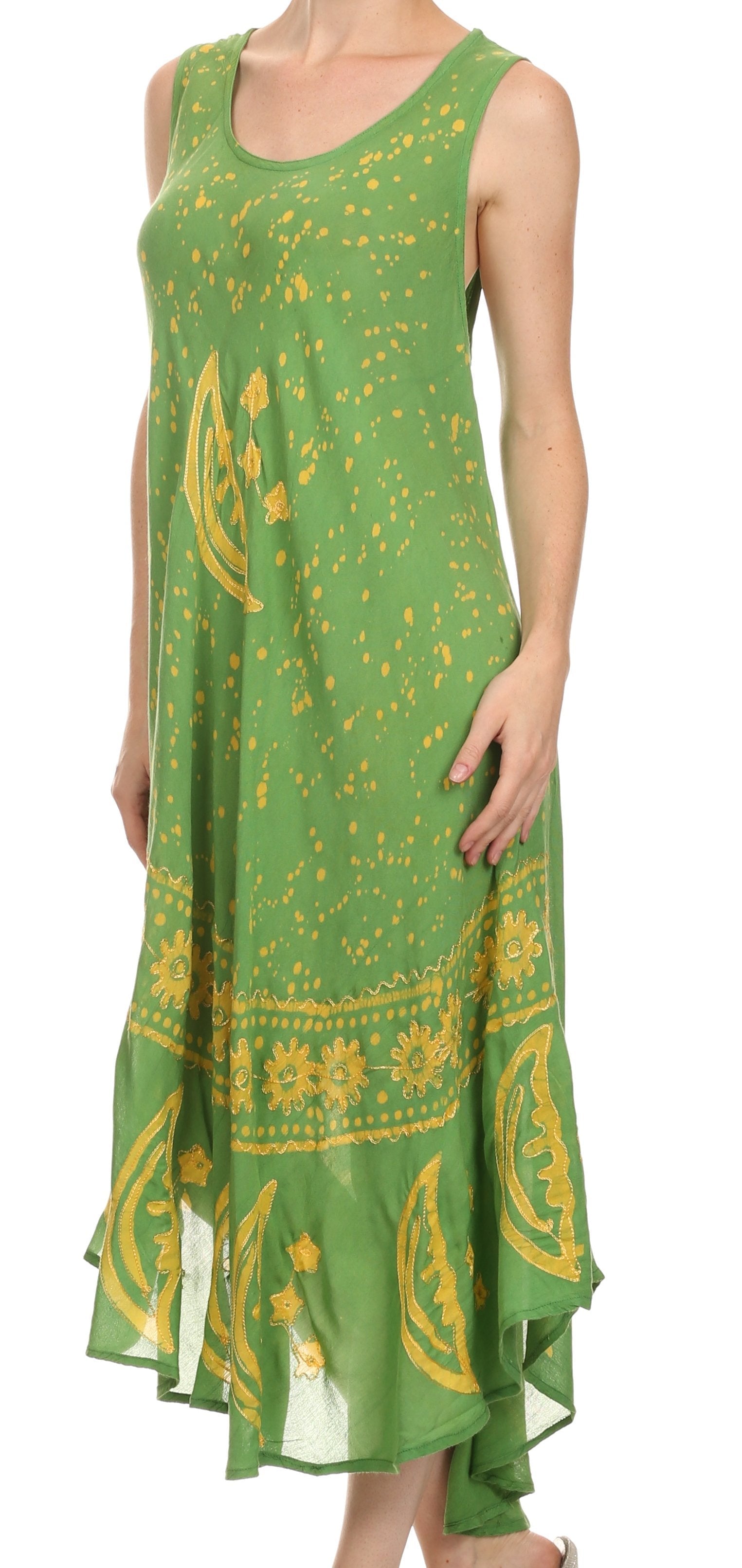 Green dress with yellow patterns on a white background