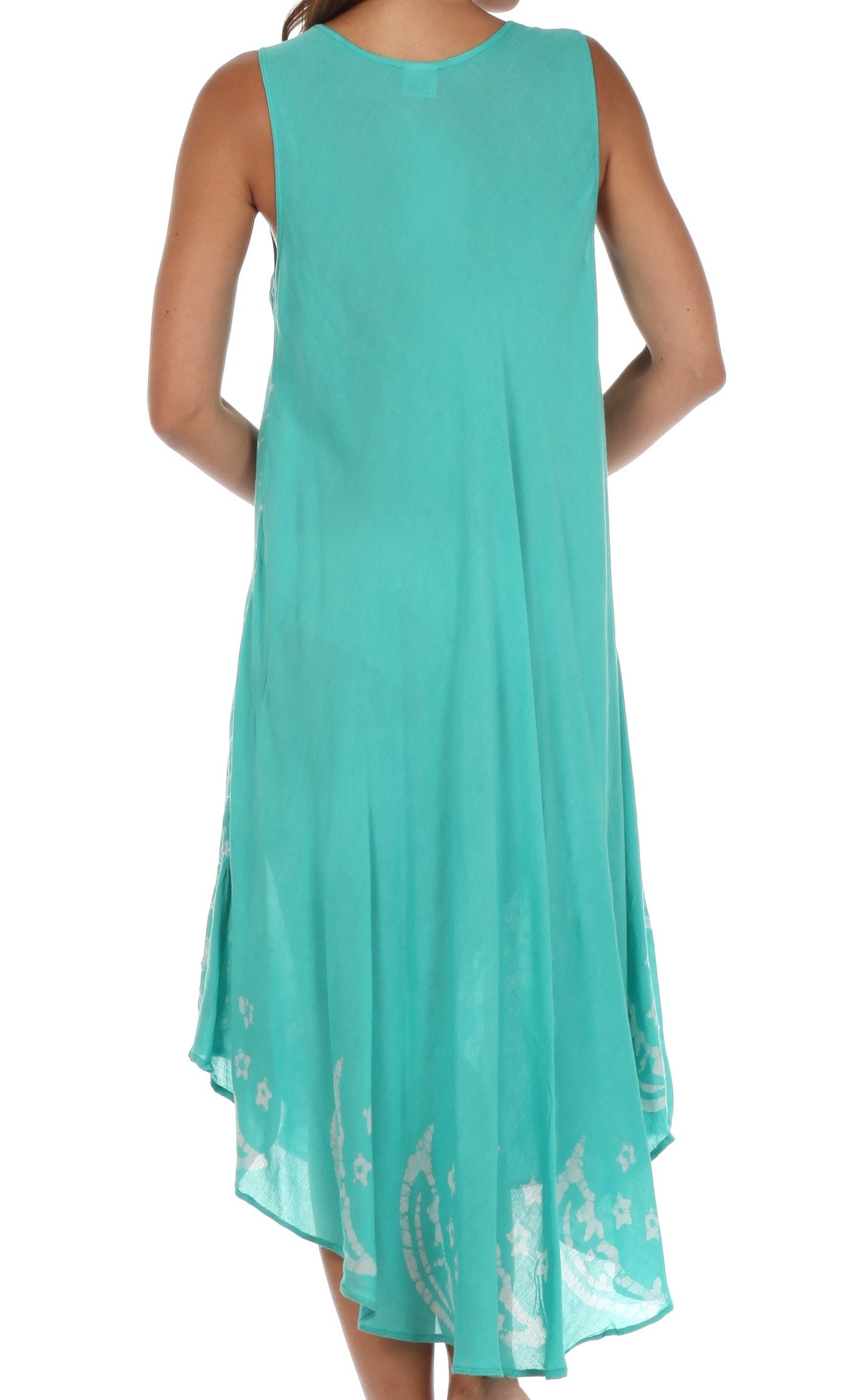 Turquoise sleeveless dress with lace details on a white background