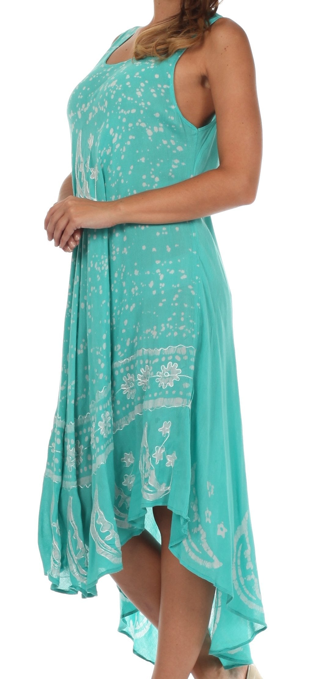 Turquoise dress with white patterns on a white background