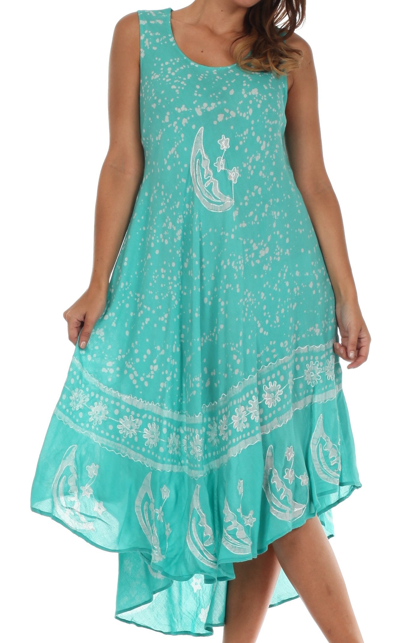 Turquoise dress with white patterns on a white background
