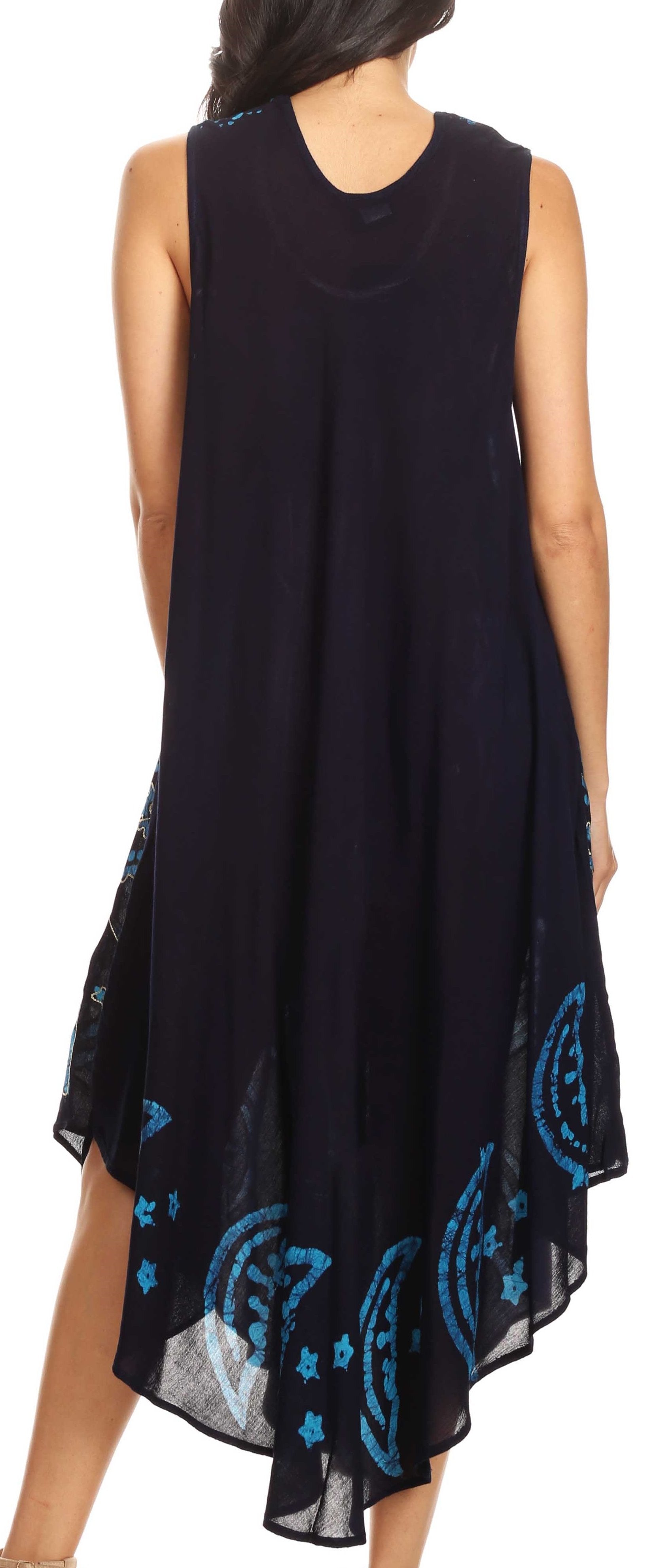Navy sleeveless dress with blue patterns on a white background