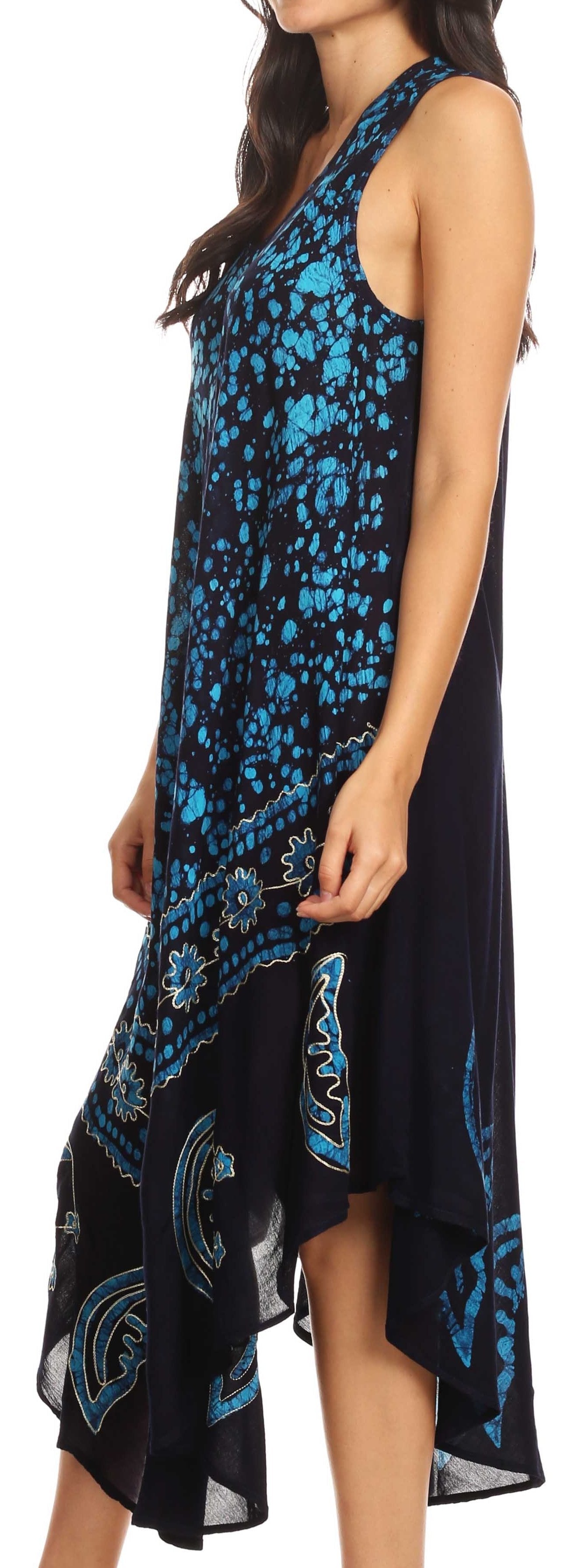 Woman wearing a sleeveless dress with blue floral pattern on a white background