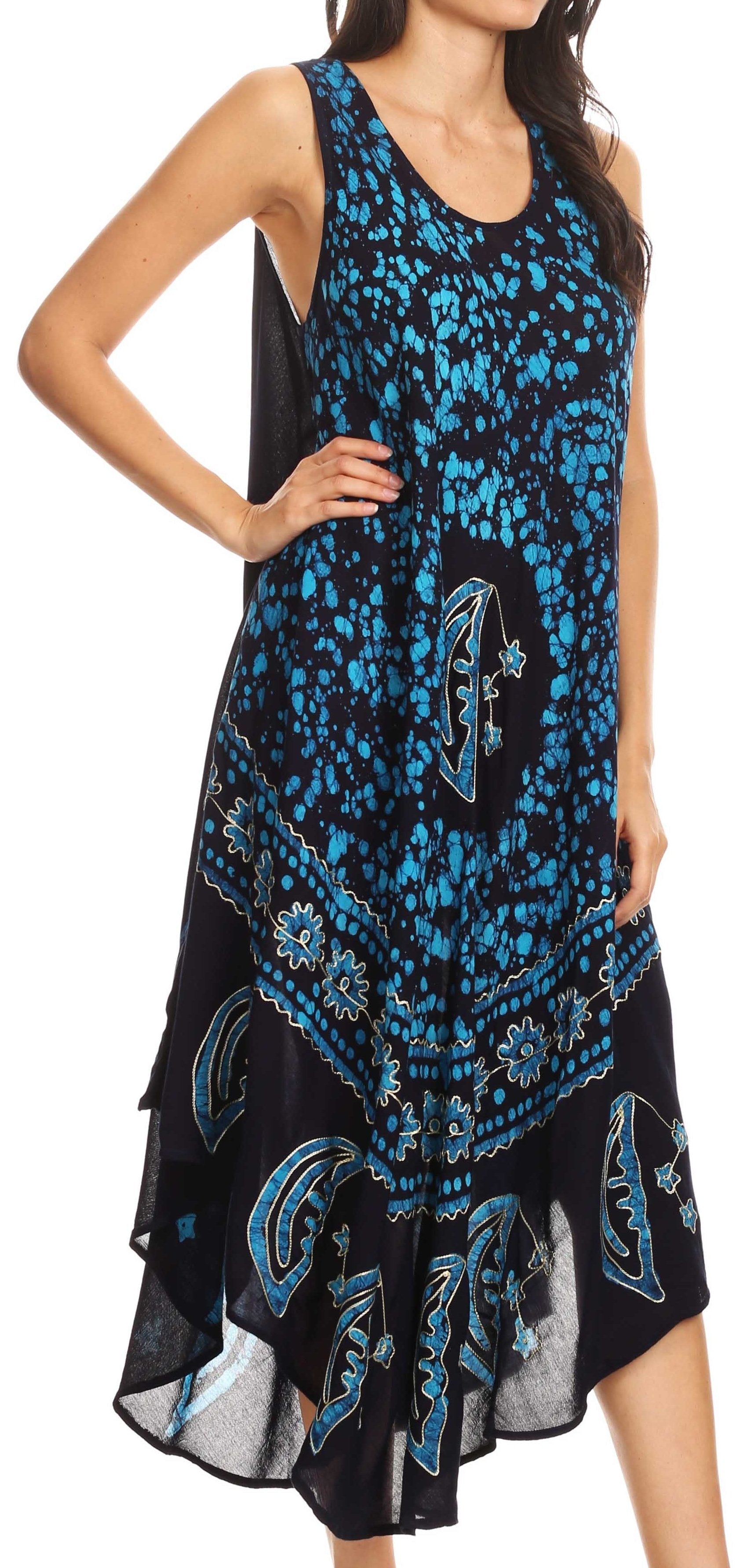 Woman wearing a sleeveless dress with blue floral pattern on a white background