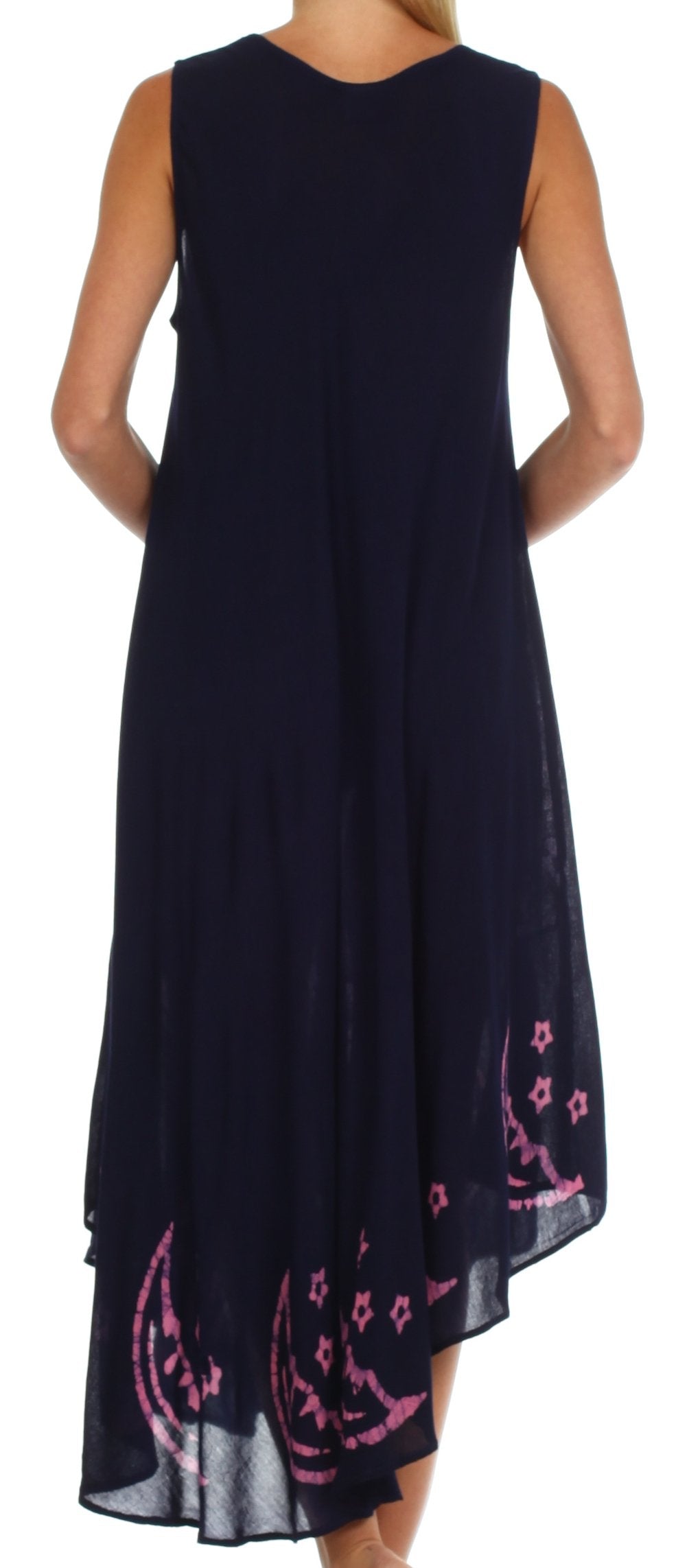 Navy dress with pink floral patterns on a white background