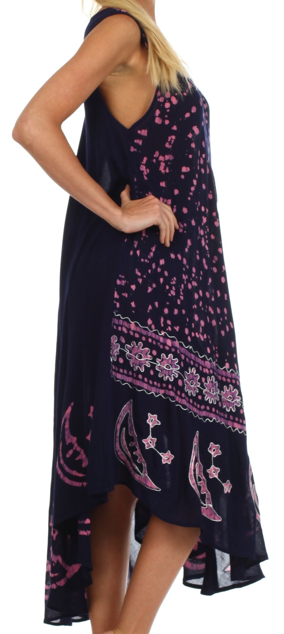 Navy blue dress with pink floral patterns worn by a person
