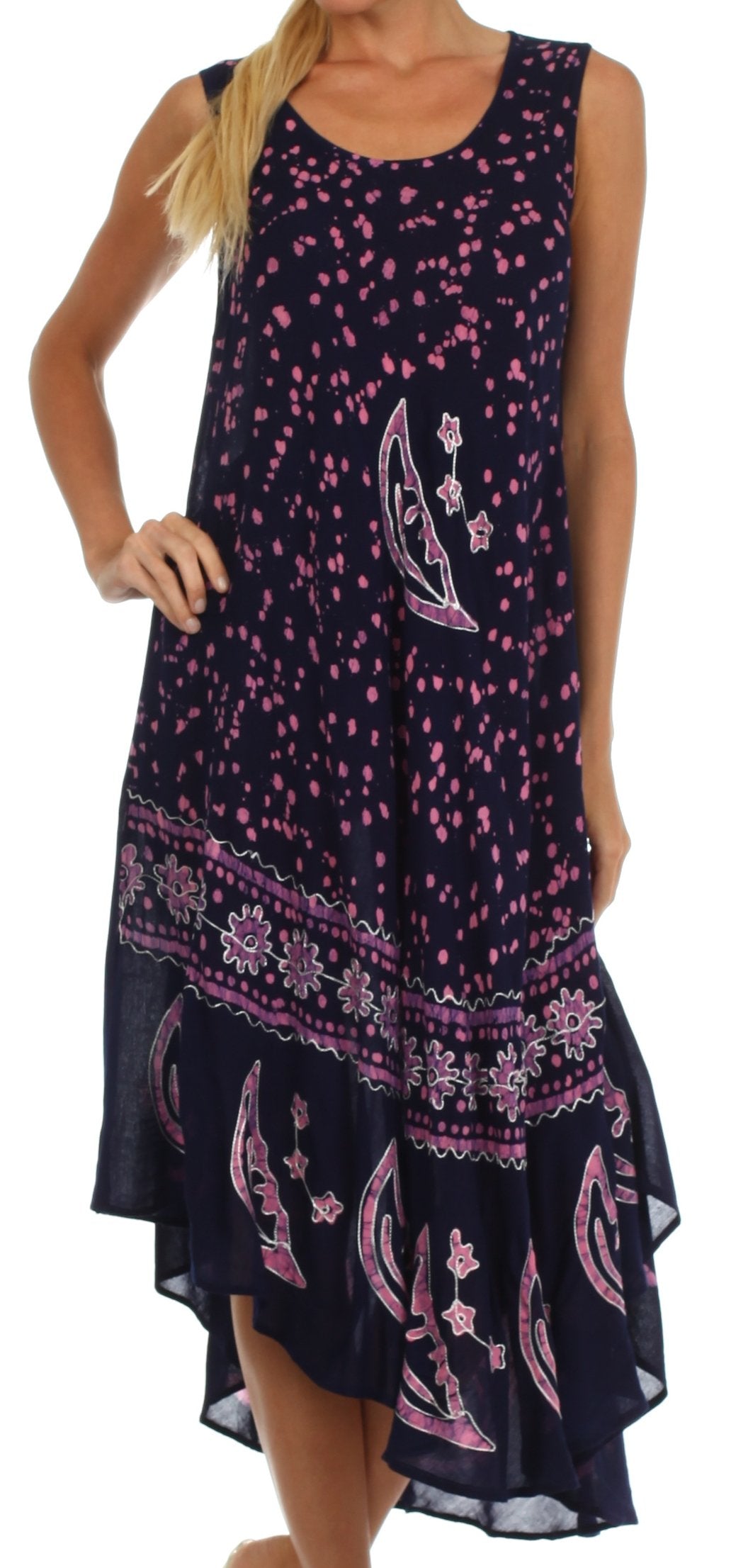 Navy blue dress with pink floral patterns on a white background