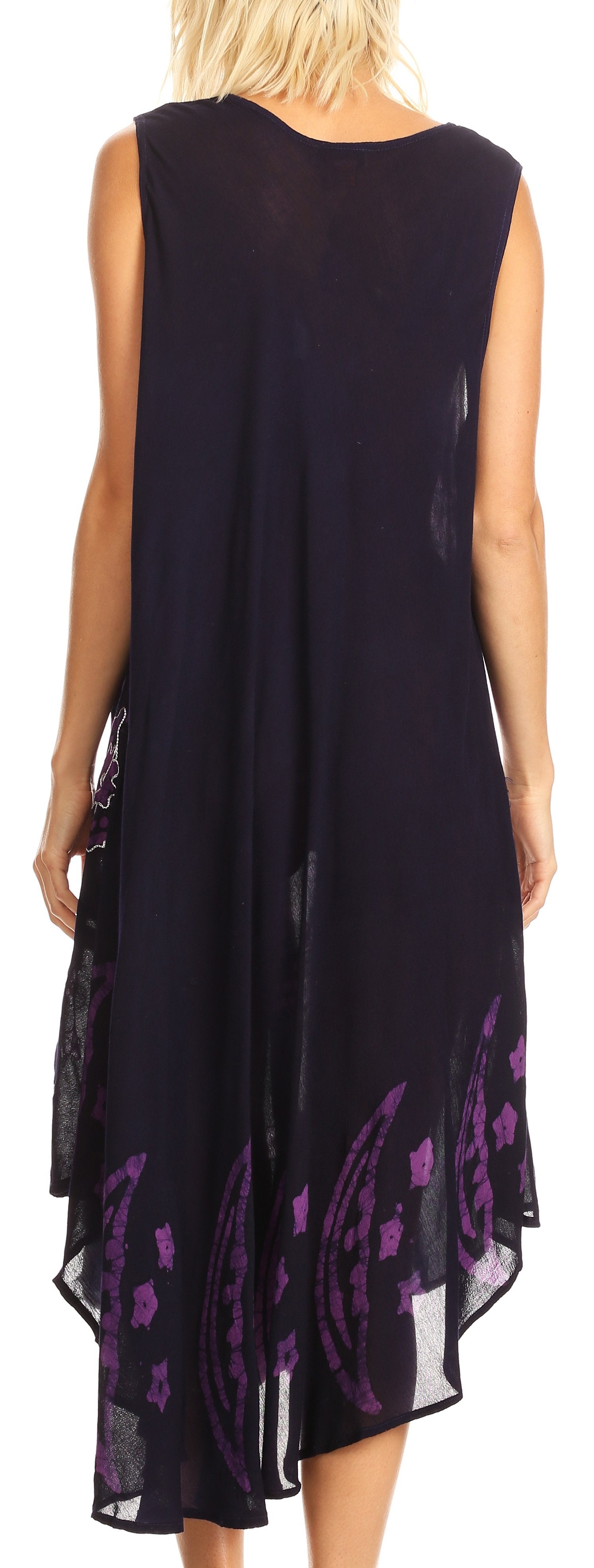 Navy sleeveless dress with purple floral patterns on a plain background