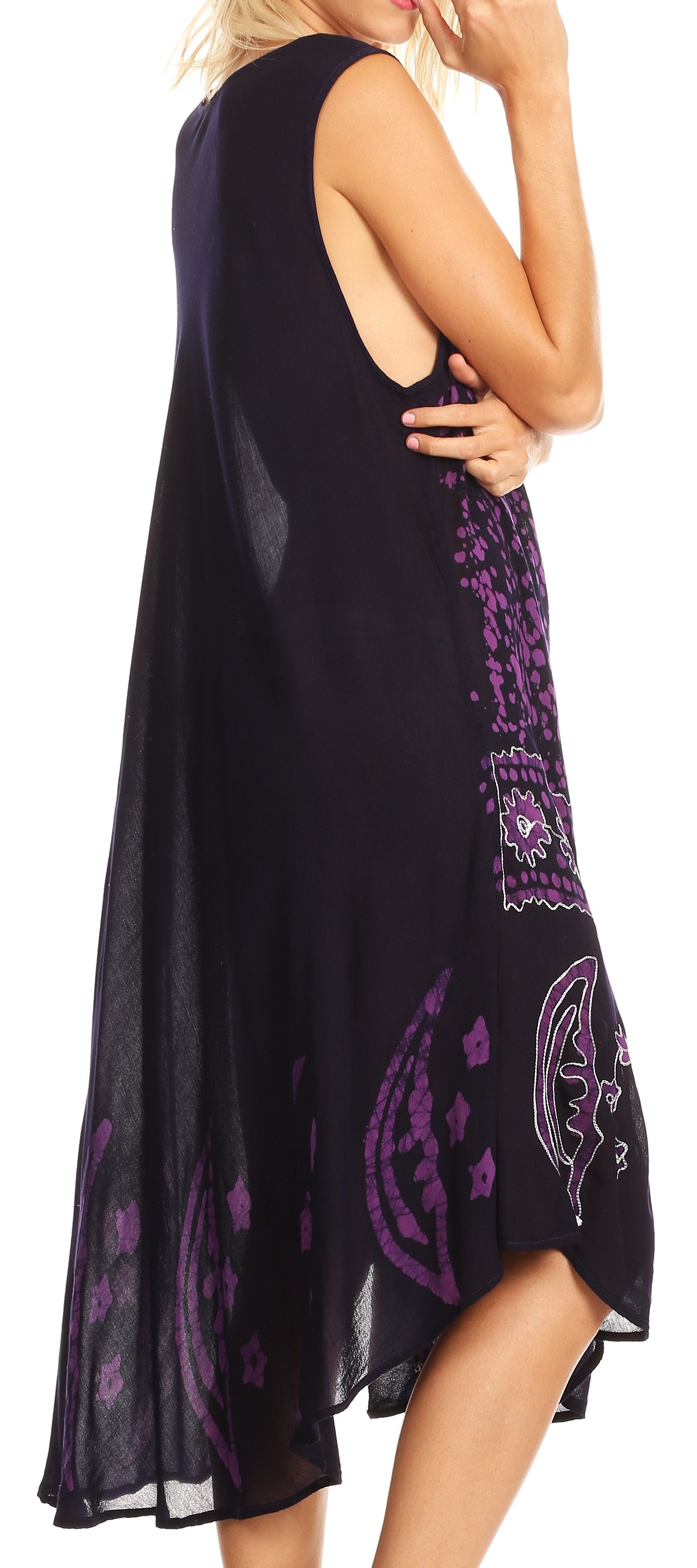 Black dress with purple patterns on a white background