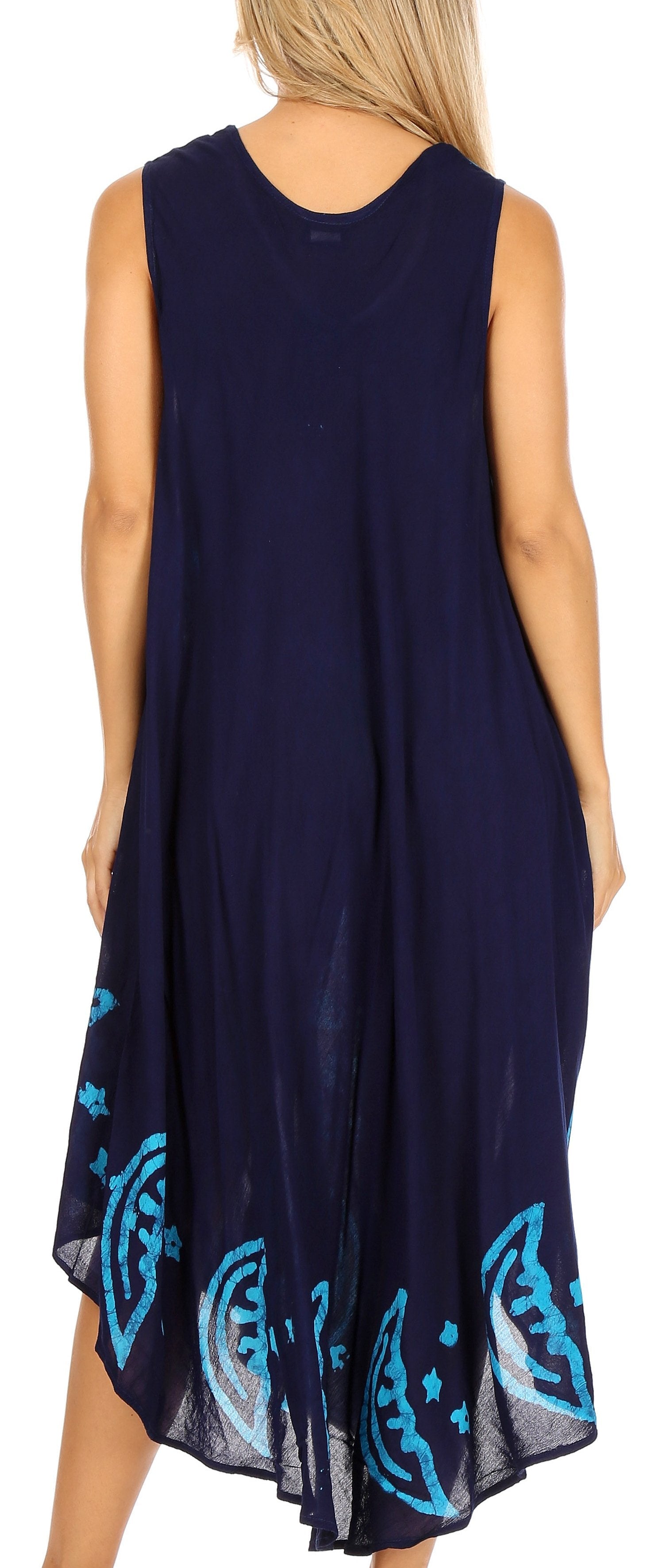 Navy sleeveless dress with blue patterns on a plain background