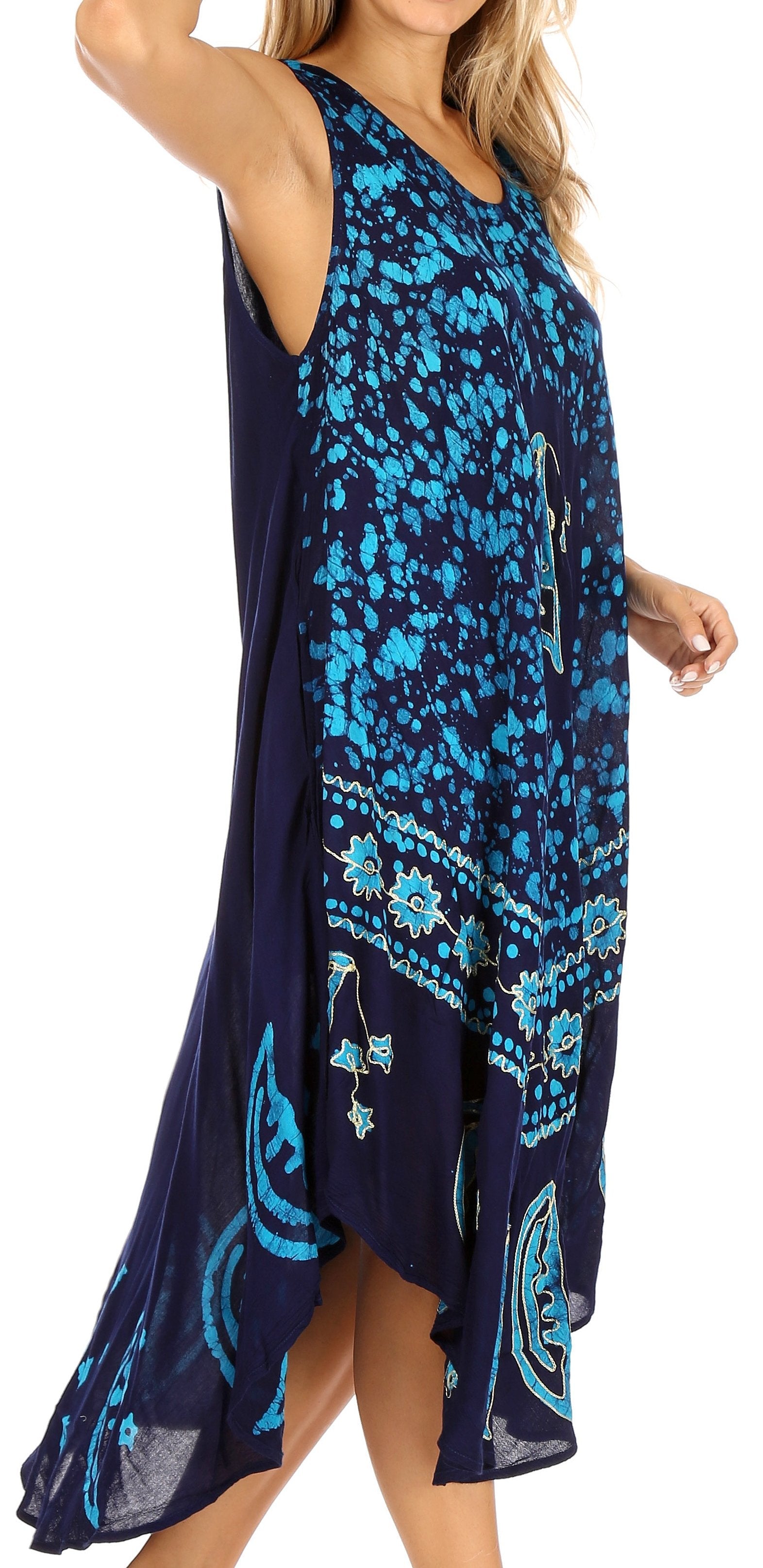 Navy blue dress with blue floral pattern worn by a model on a white background