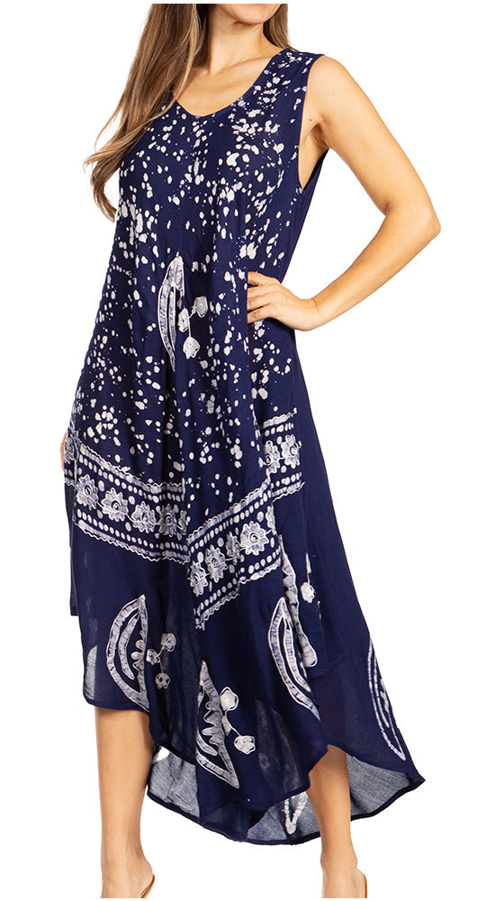 Navy blue dress with white floral pattern on a white background
