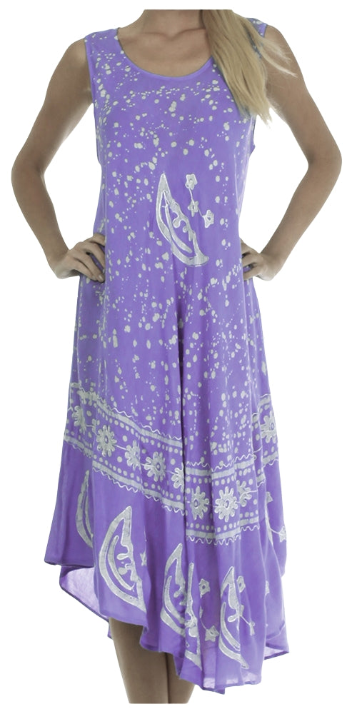 A sleeveless high-low dress in lavender purple with white celestial and floral patterns, shown on a model against a white background.
