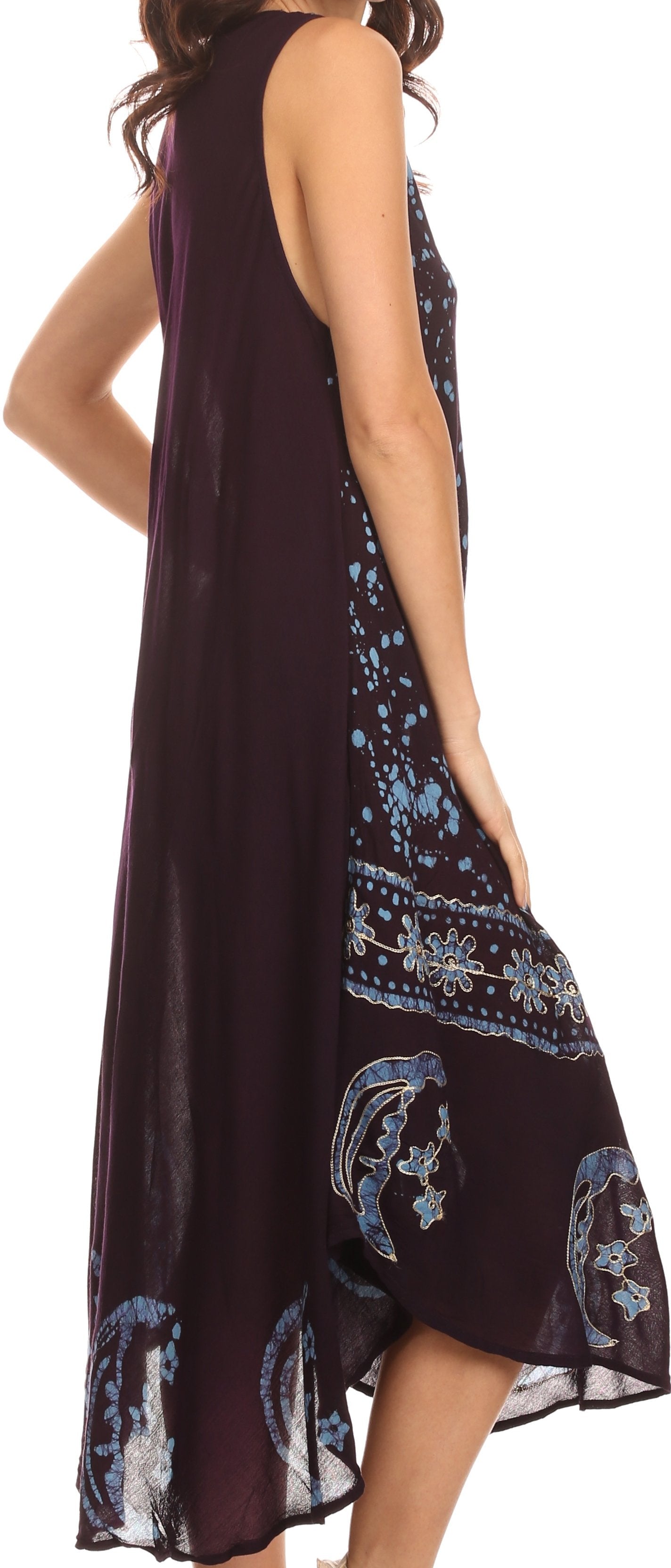 Long dark purple dress with blue floral patterns on a white background