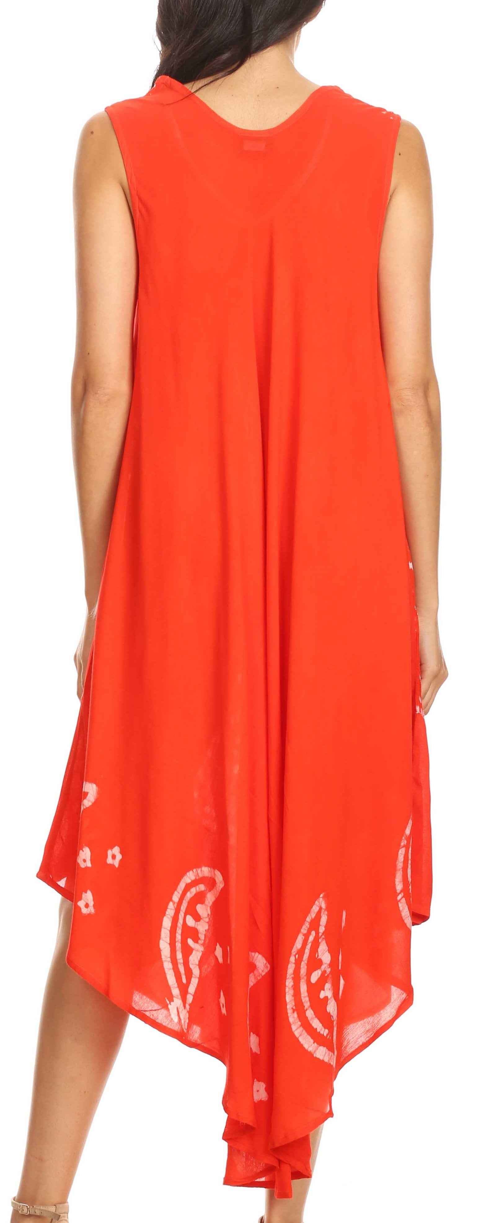 Red sleeveless dress with white patterns on a plain background