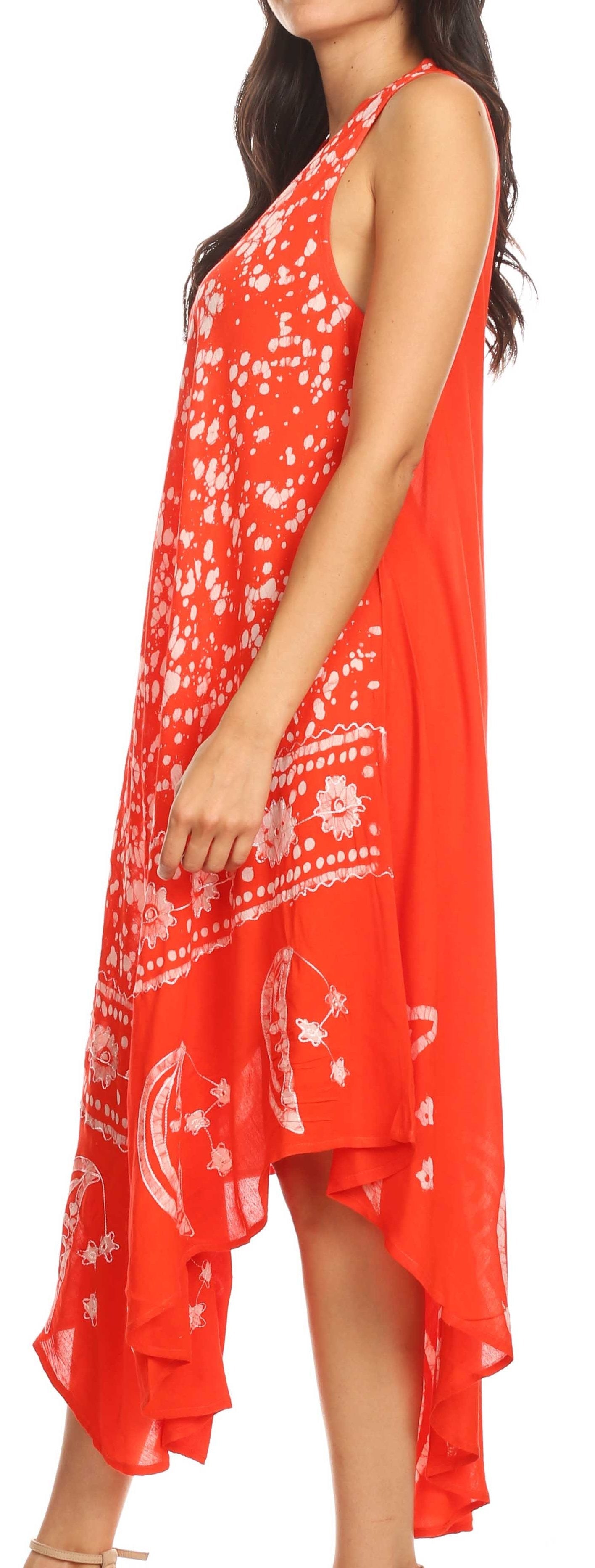 Red dress with white patterns worn by a model on a white background