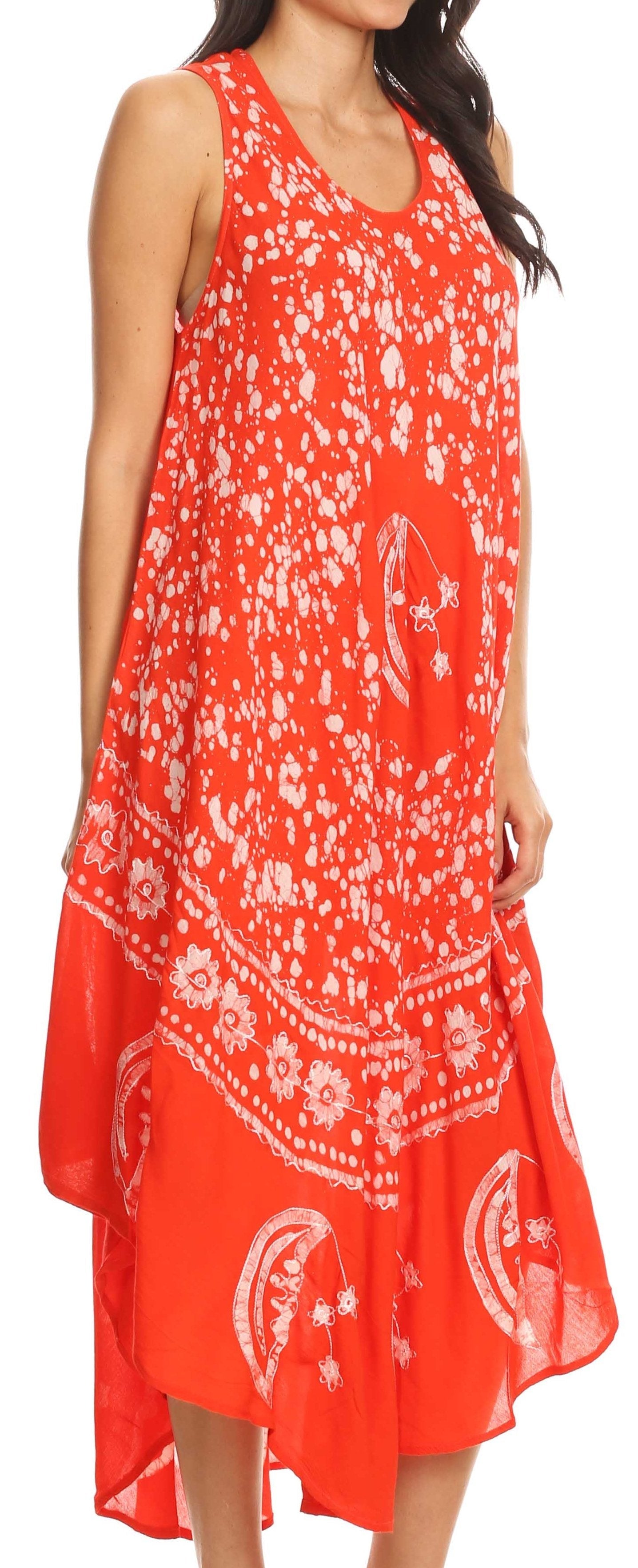 Red dress with white floral pattern worn by a person