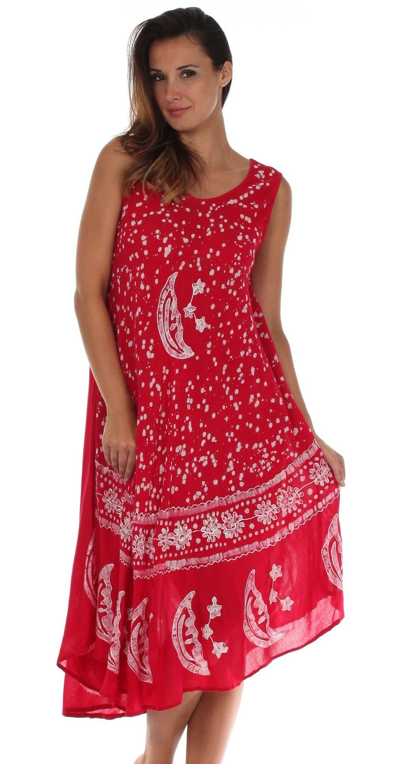 Woman wearing a red dress with white patterns on a white background