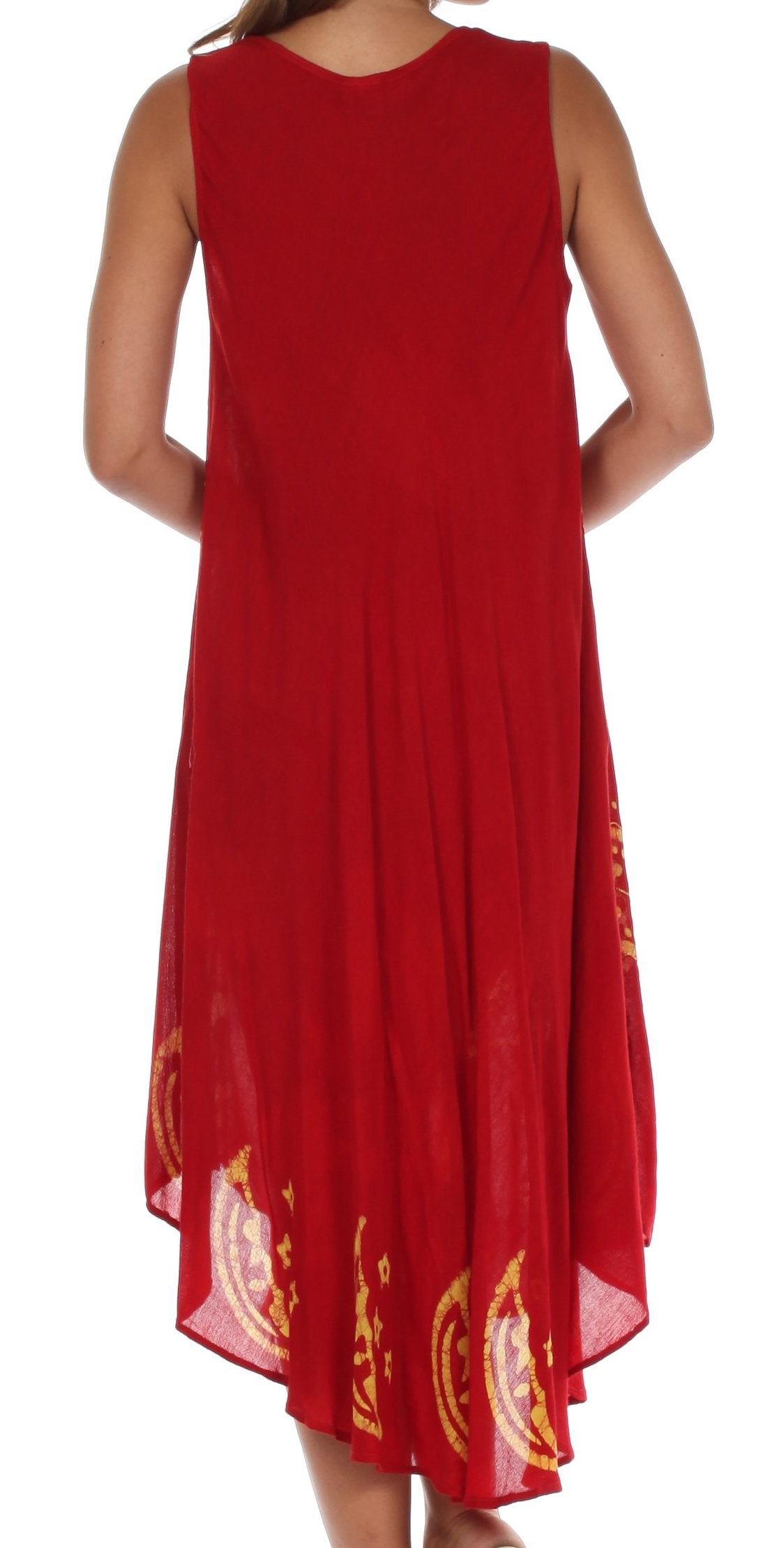 Red dress with gold patterns on a white background
