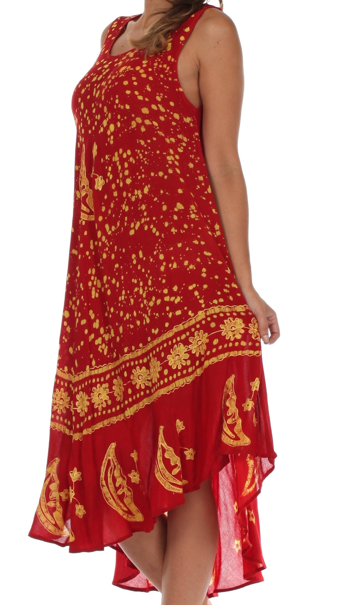 Red dress with gold patterns on a white background