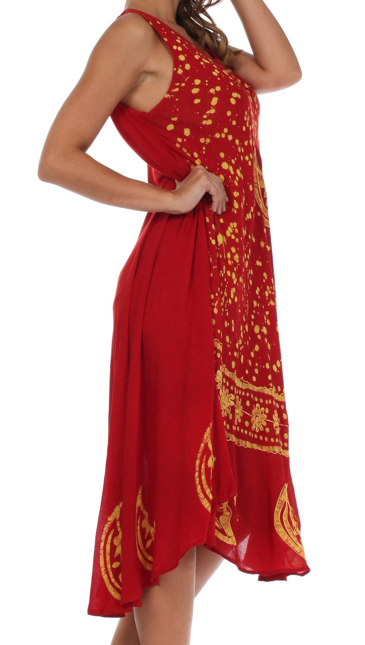 Red dress with gold patterns on a white background