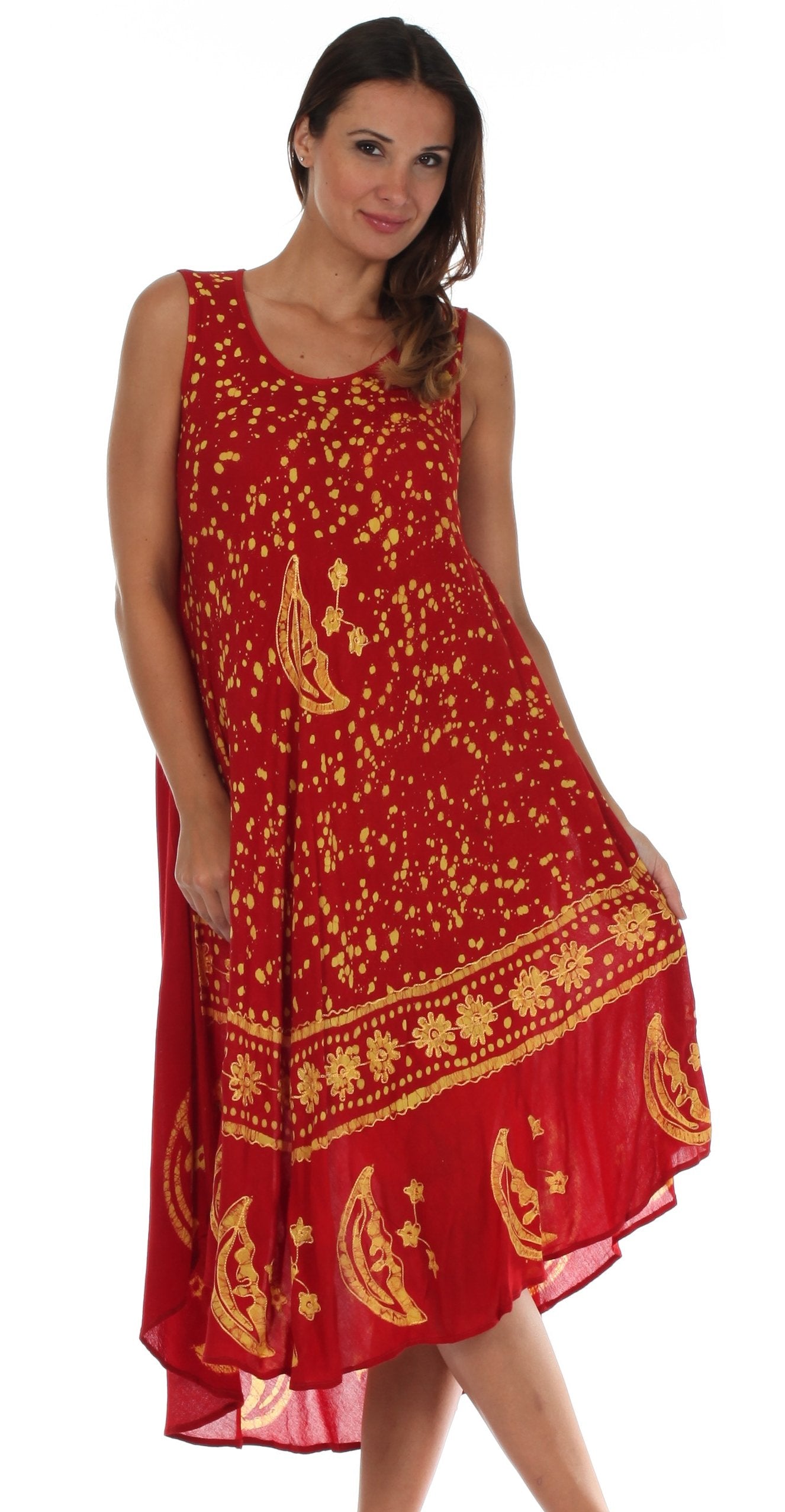 Woman wearing a red dress with gold patterns on a white background