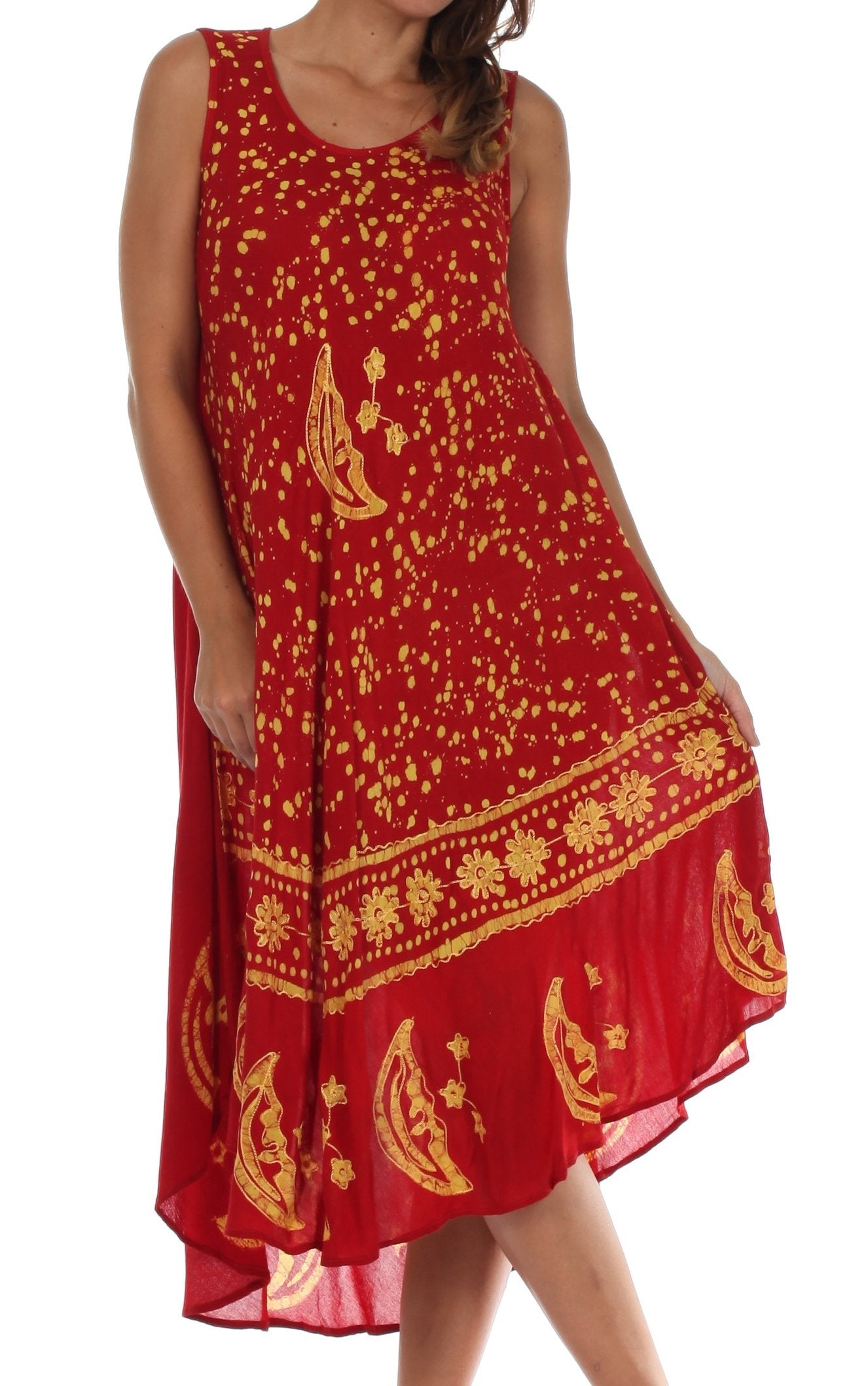 Red dress with gold patterns on a white background