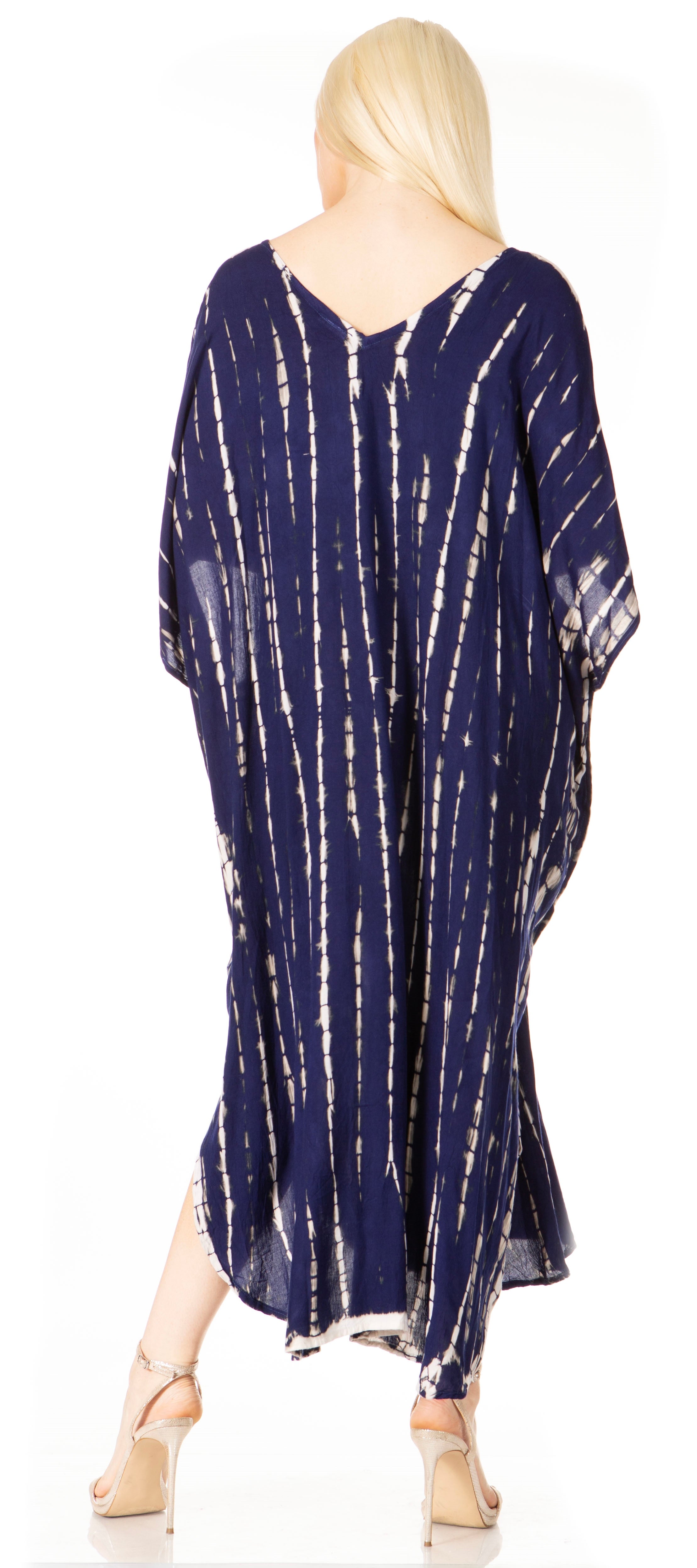 Navy blue tie-dye dress worn by a model on a white background