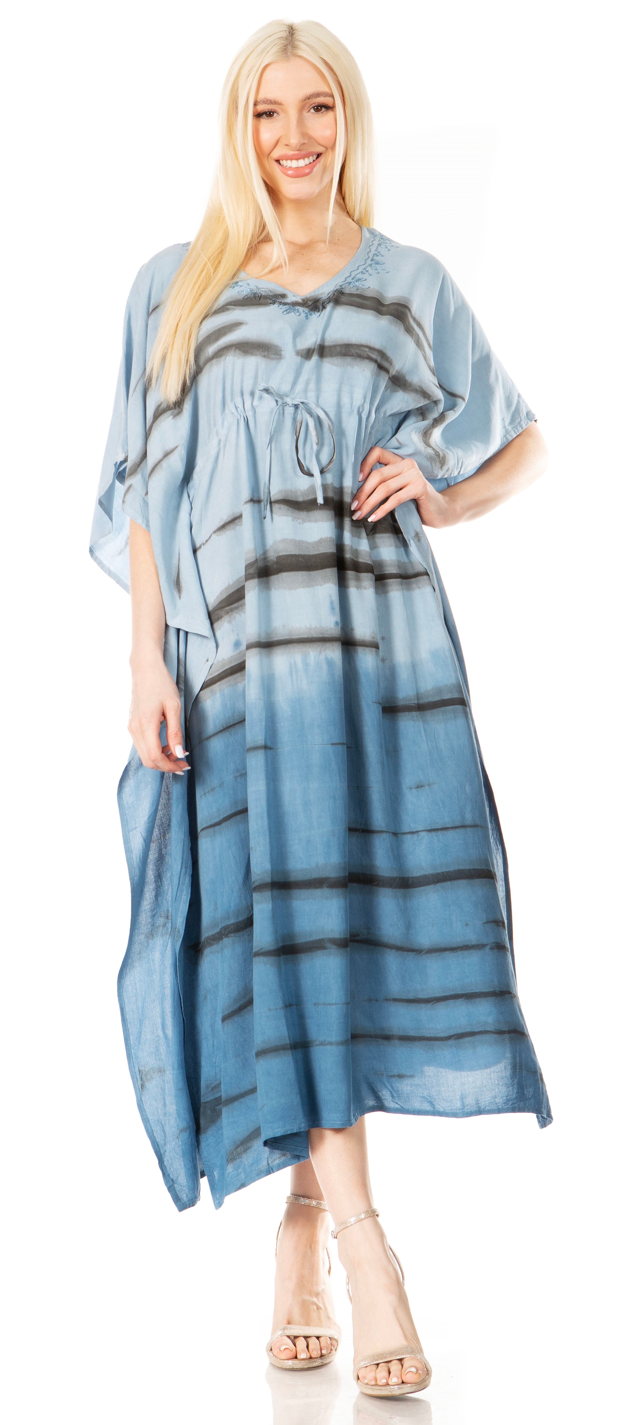 Woman wearing a blue and gray striped dress on a white background