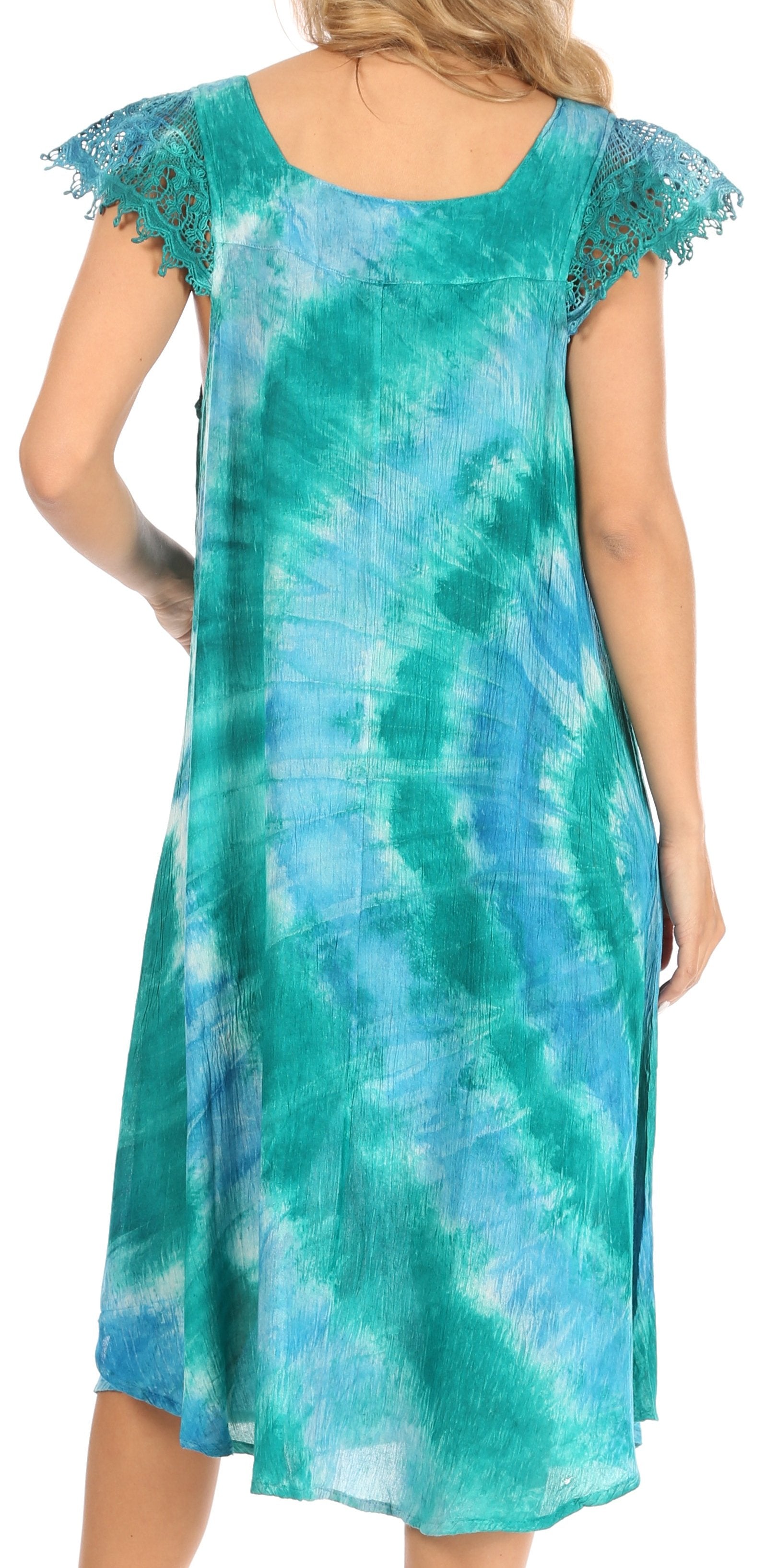 Green and blue tie-dye dress with lace sleeves on a white background