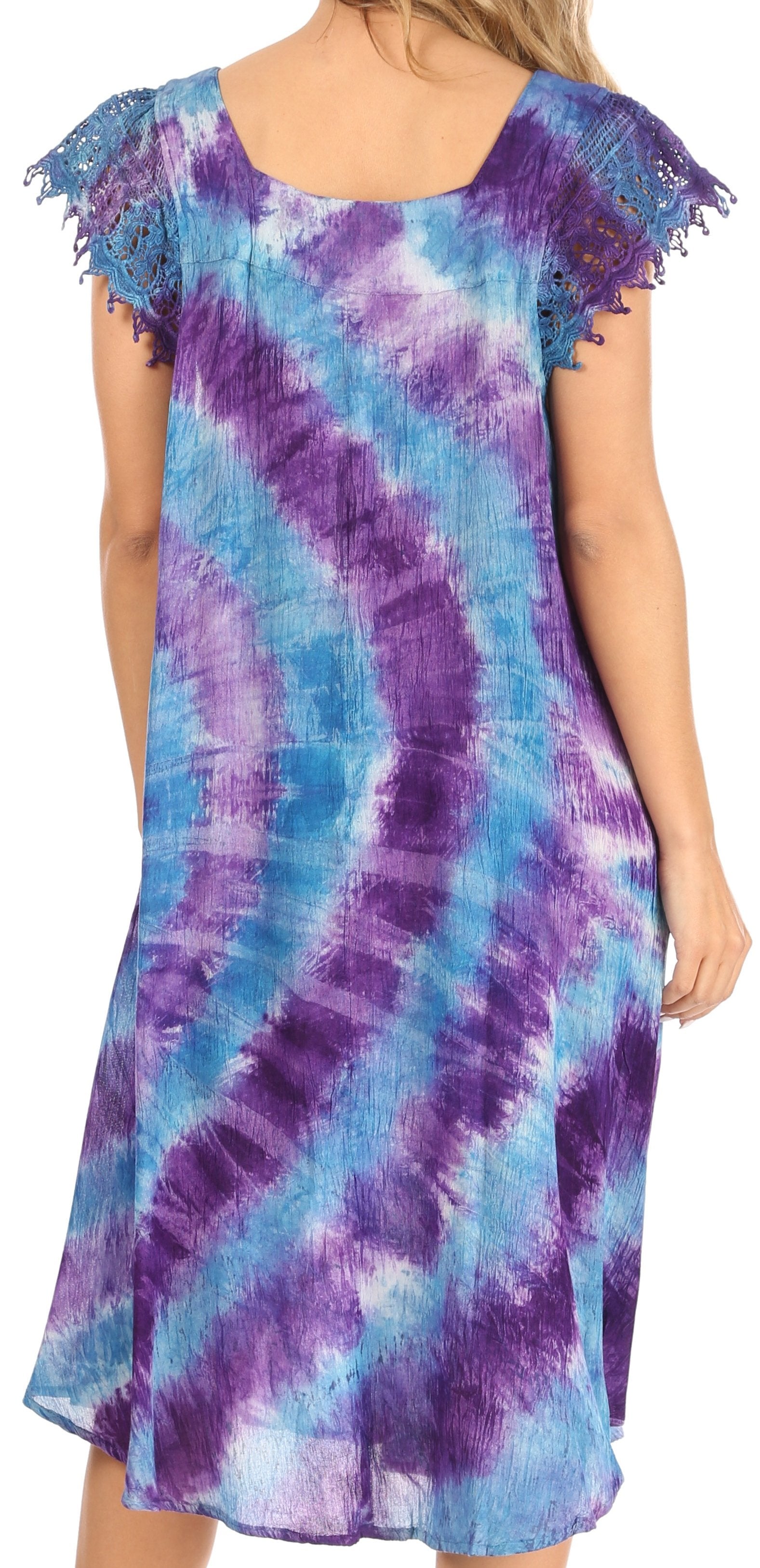 Tie-dye dress with purple and blue pattern on a white background