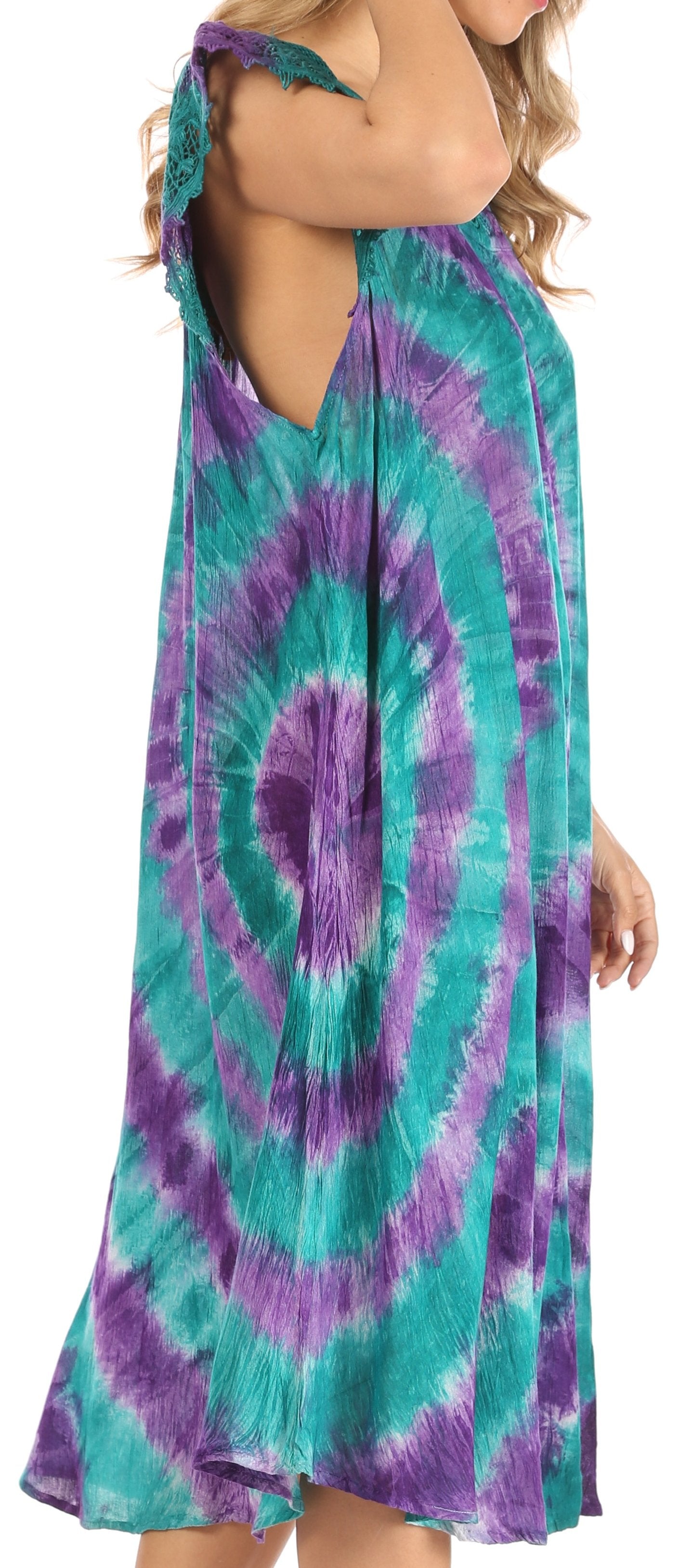Tie-dye dress with purple and green pattern on a person