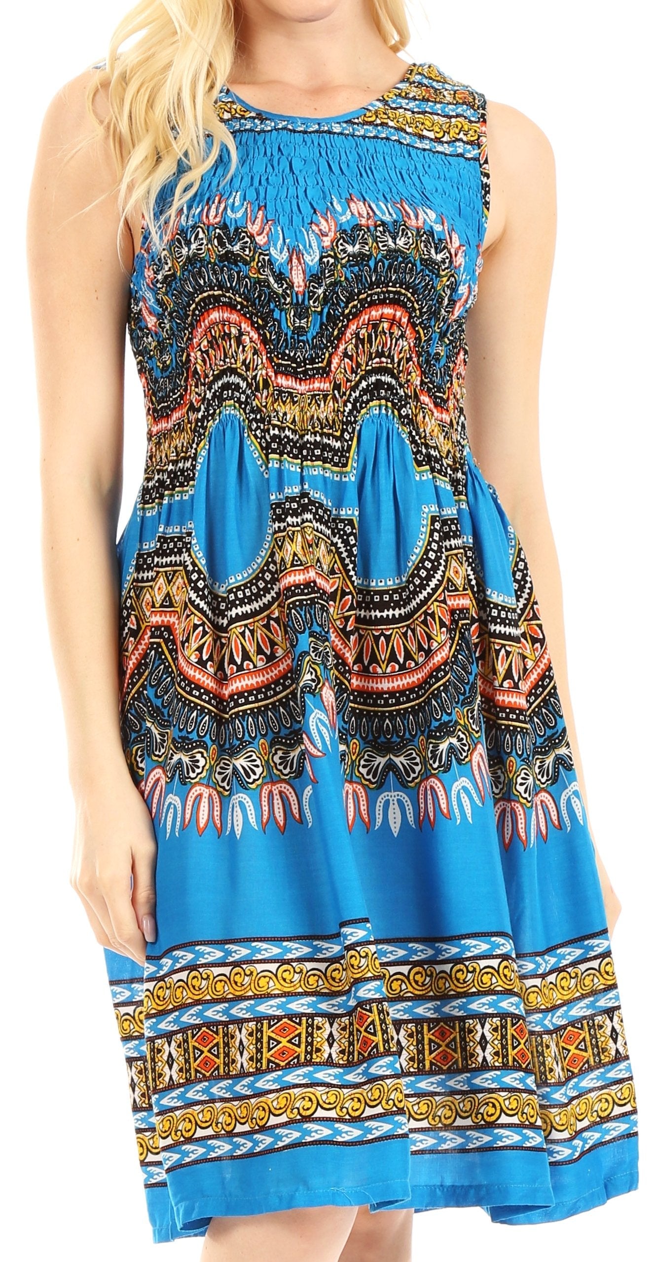 Woman wearing a colorful patterned dress on a white background