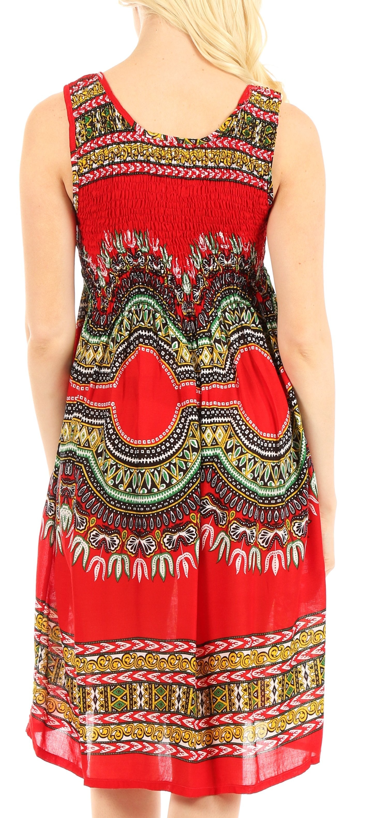 Woman wearing a red dress with intricate patterns