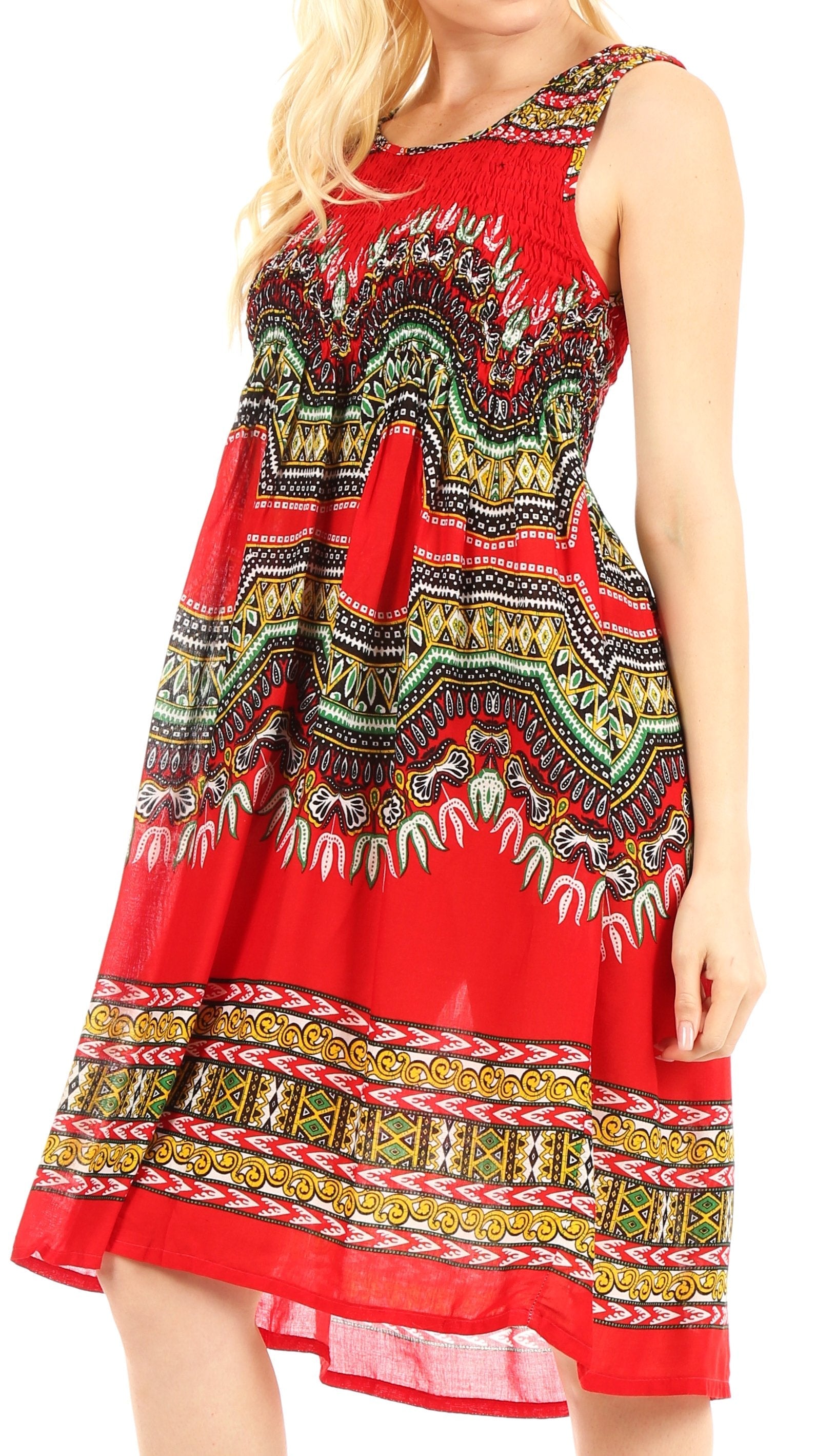 Red dress with colorful pattern on a white background
