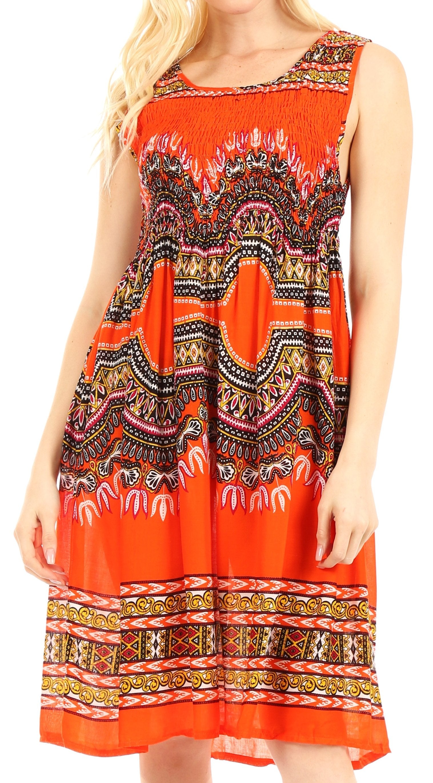 Orange dress with a colorful pattern on a white background
