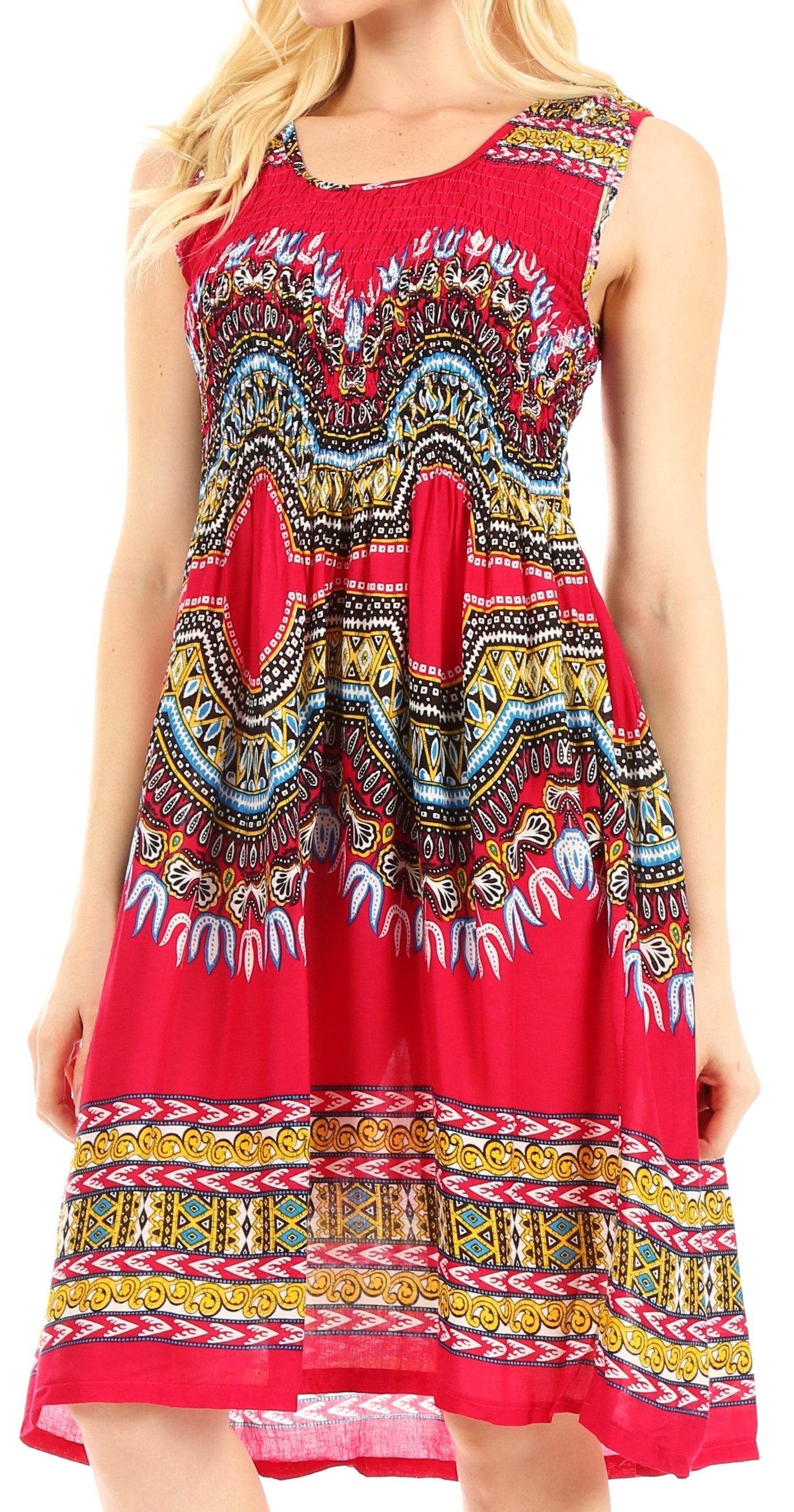 Red dress with colorful geometric pattern on a white background