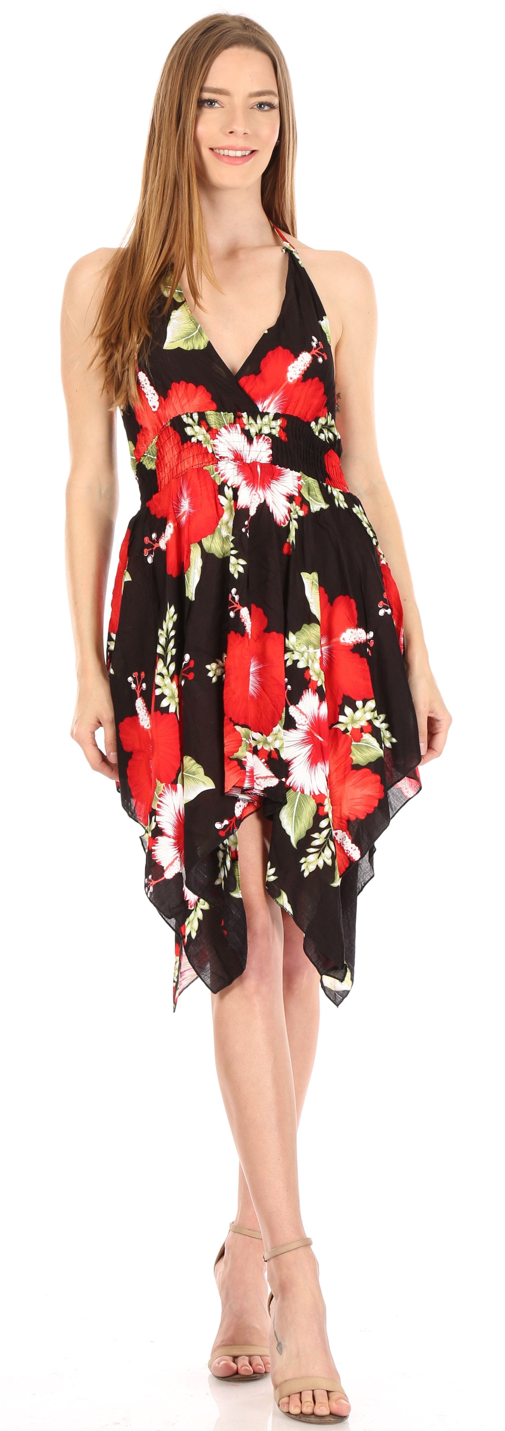 Woman wearing a floral dress on a white background