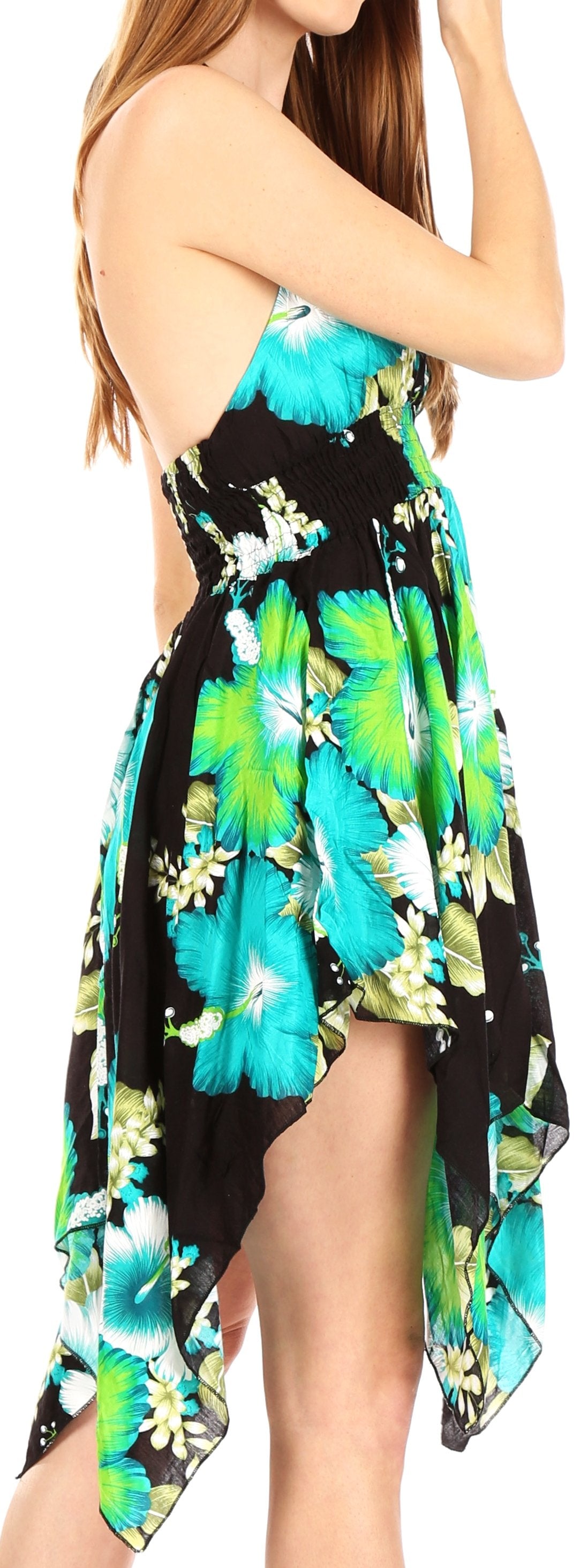 Woman wearing a floral dress with a black background