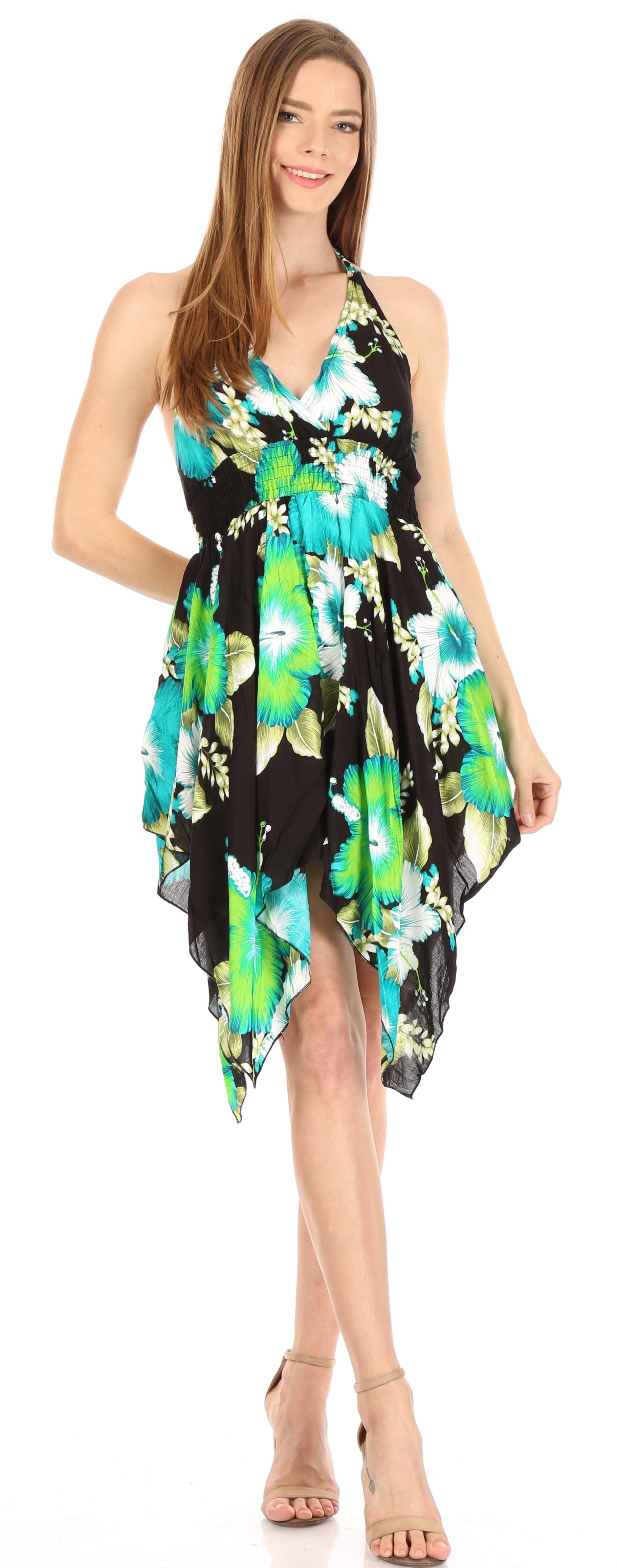 Woman wearing a floral dress with a black background