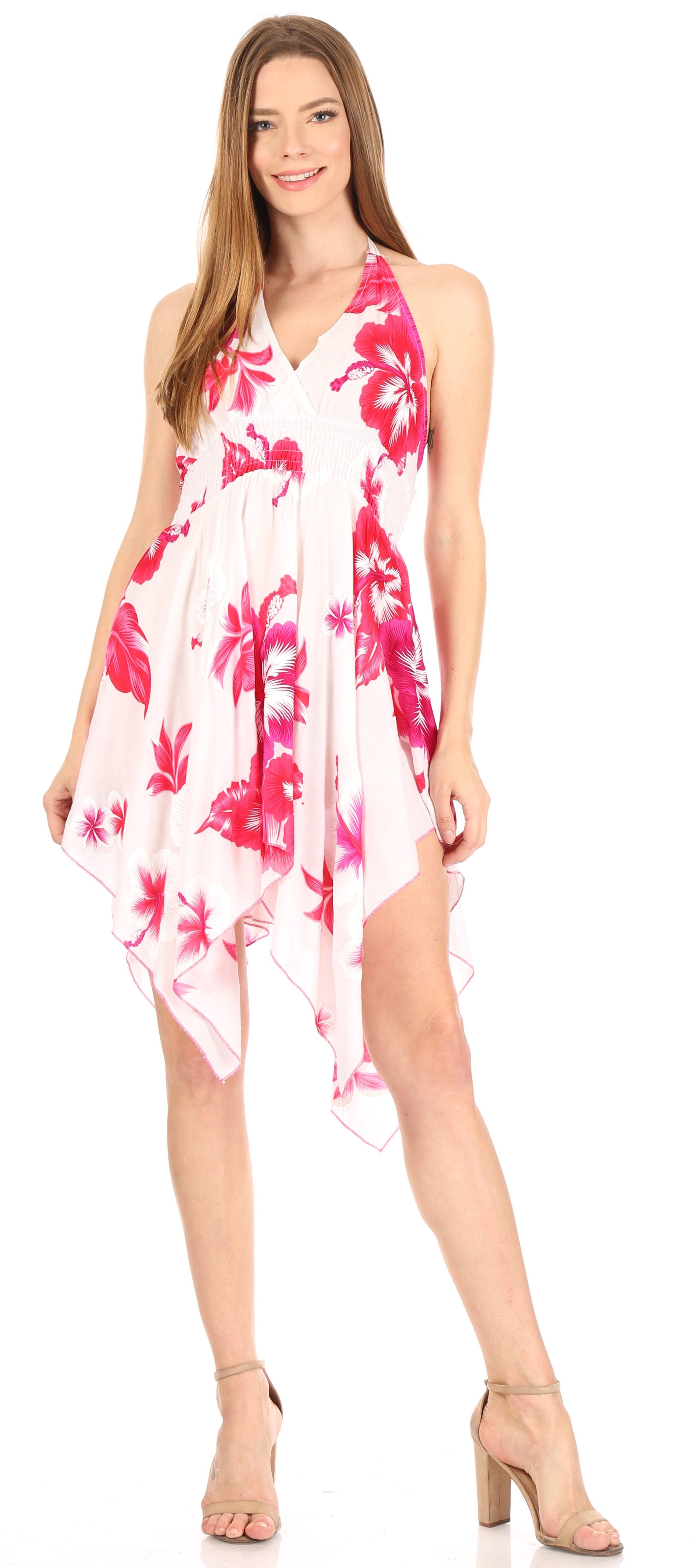 Woman wearing a floral dress with pink and white flowers on a white background