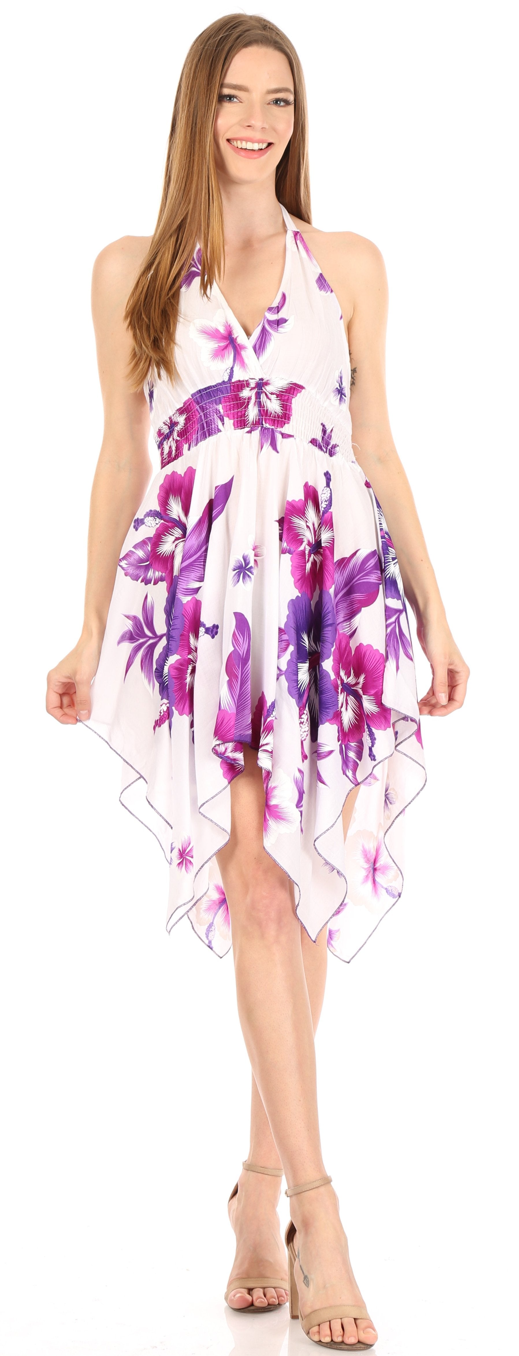 Woman wearing a floral dress with a white background