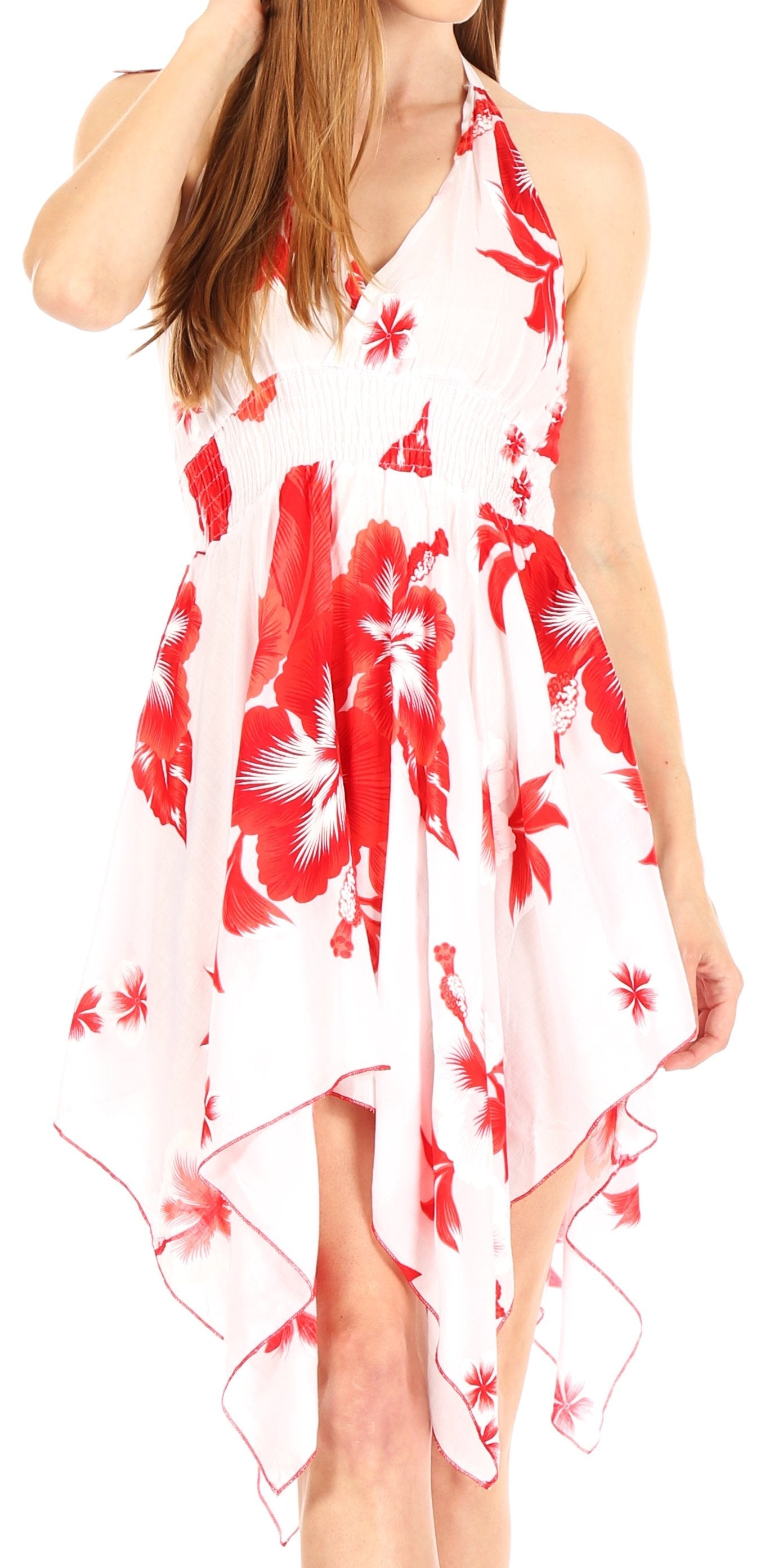 White dress with red floral pattern worn by a model on a white background