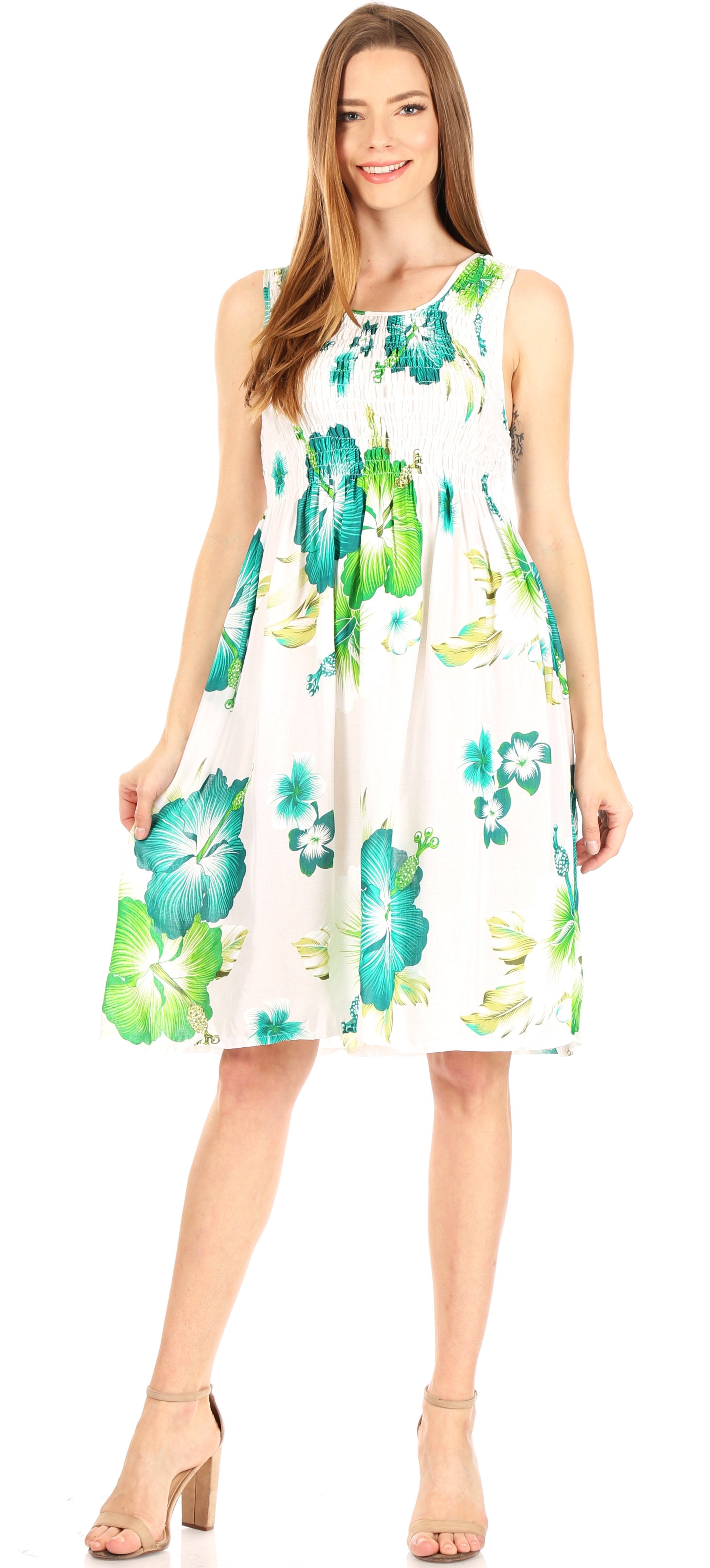 Woman wearing a floral dress with a white background