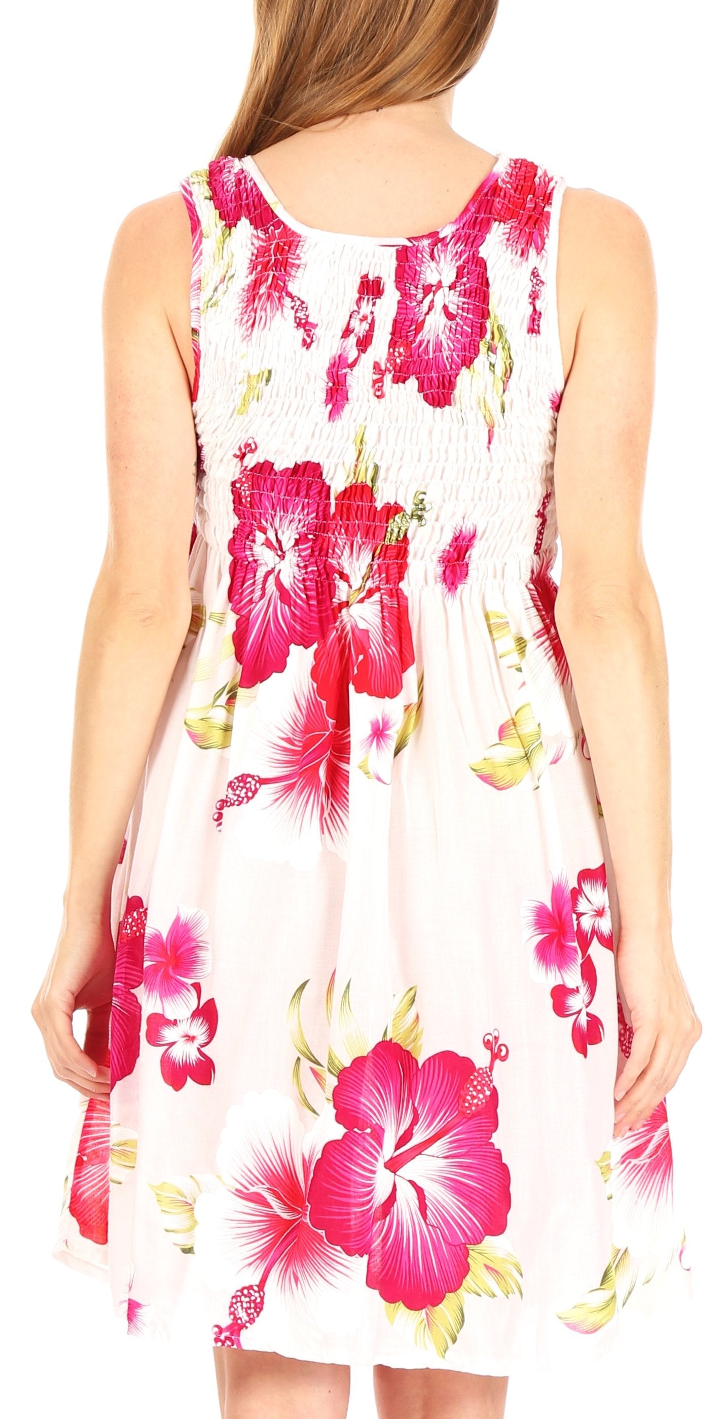 Woman wearing a sleeveless dress with pink floral pattern on a white background