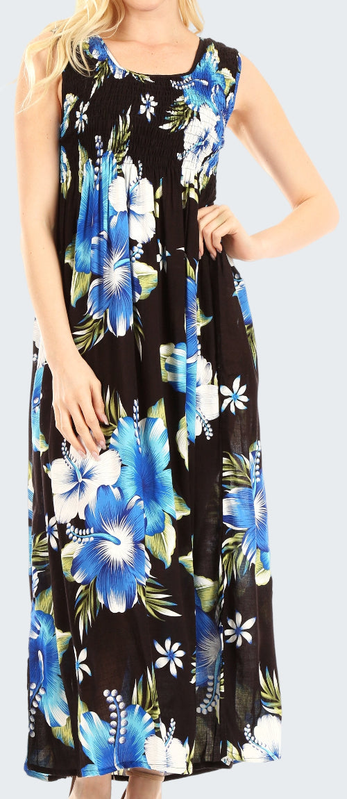 Woman wearing a black sleeveless dress with blue floral pattern