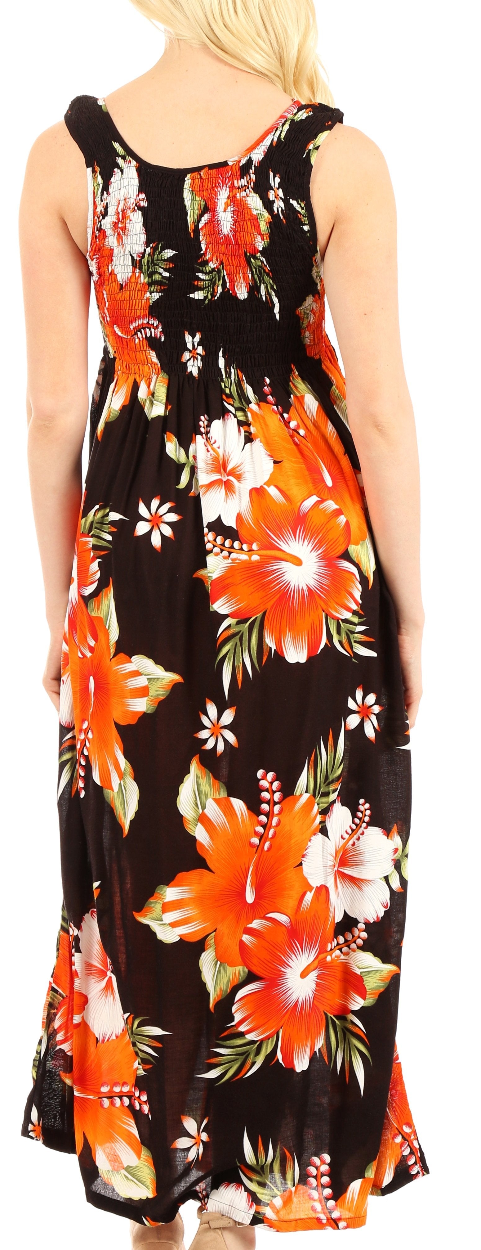 Black dress with colorful floral pattern worn by a person