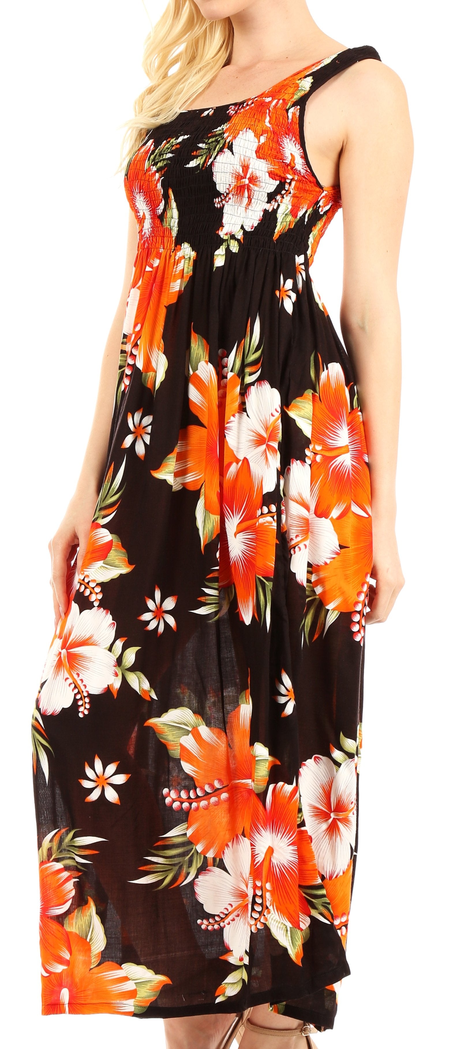 Woman wearing a sleeveless dress with a floral pattern on a white background